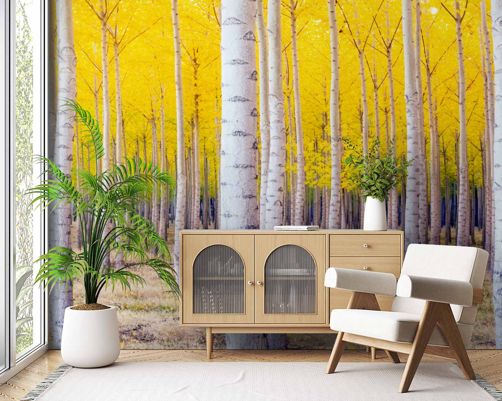 Фотошпалери у березовому лісі спалахують яскраво-жовті барви