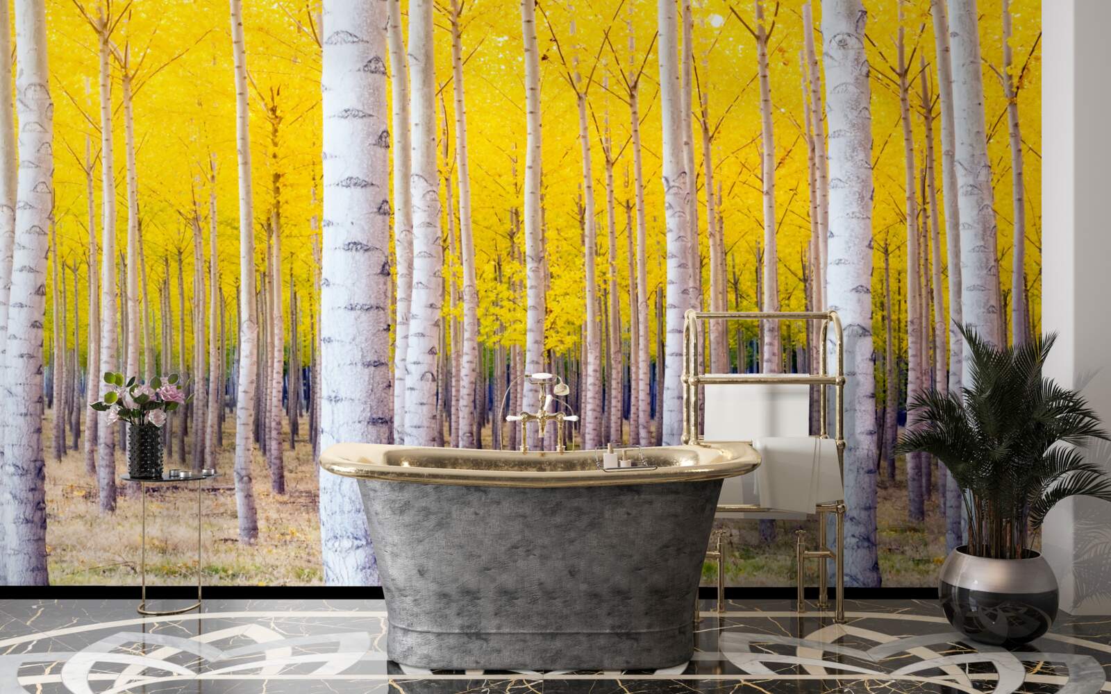 Фотошпалери у березовому лісі спалахують яскраво-жовті барви