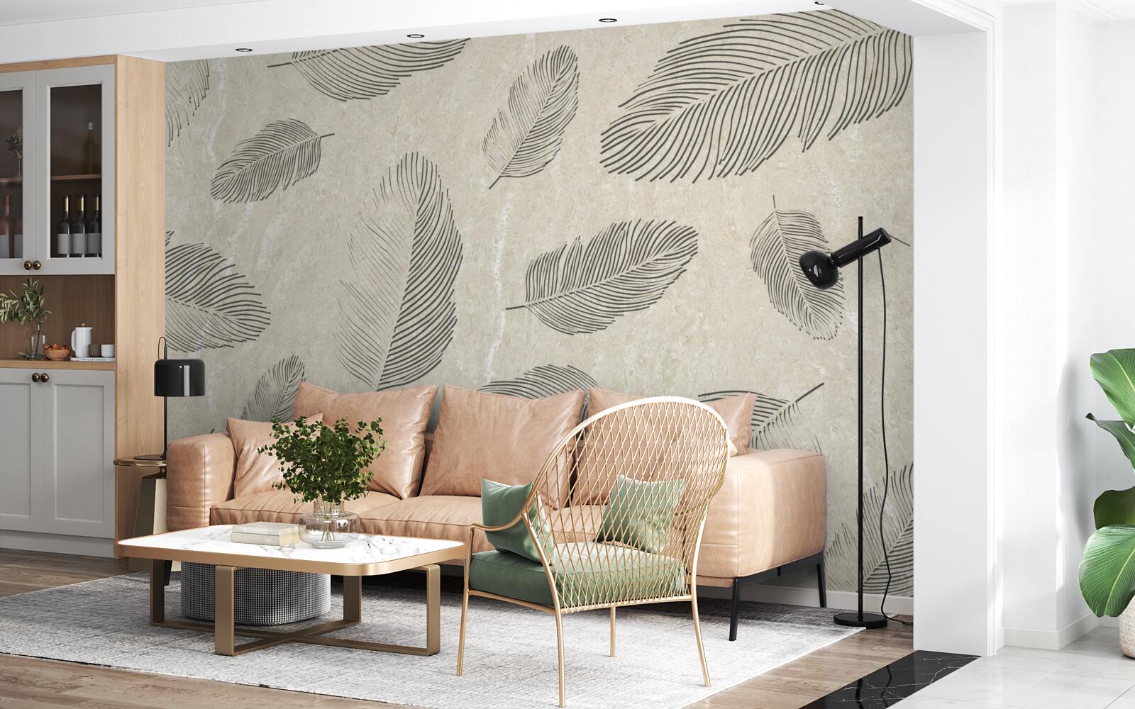 Фотошпалери світле тло, прикрашене сірим пір'ям