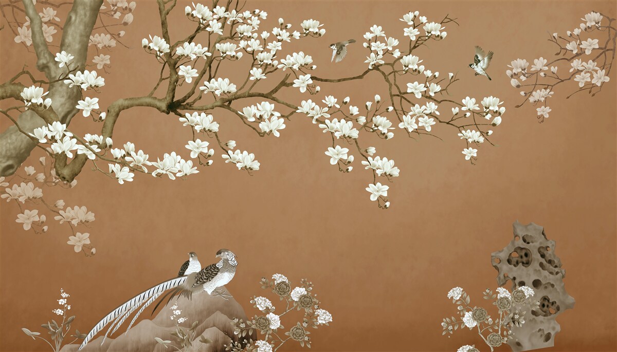 Фотошпалери цвітіння вишні та птахів у білосніжній білизні