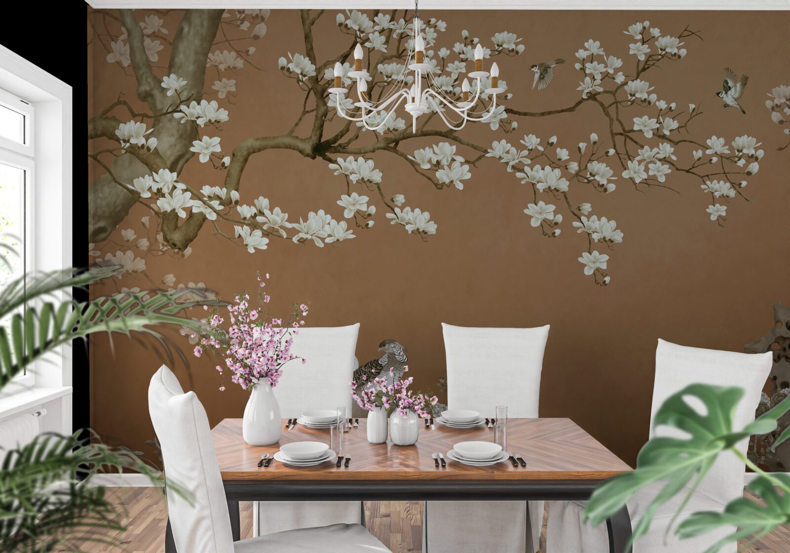 Фотошпалери цвітіння вишні та птахів у білосніжній білизні