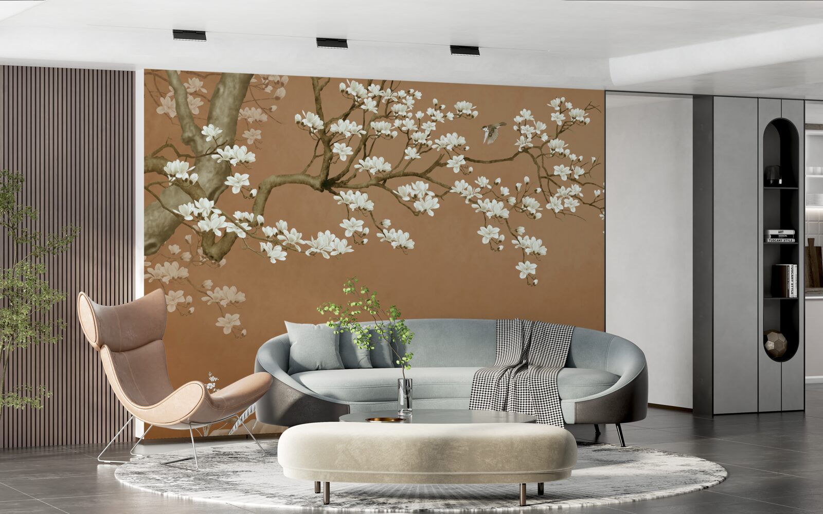 Фотошпалери цвітіння вишні та птахів у білосніжній білизні