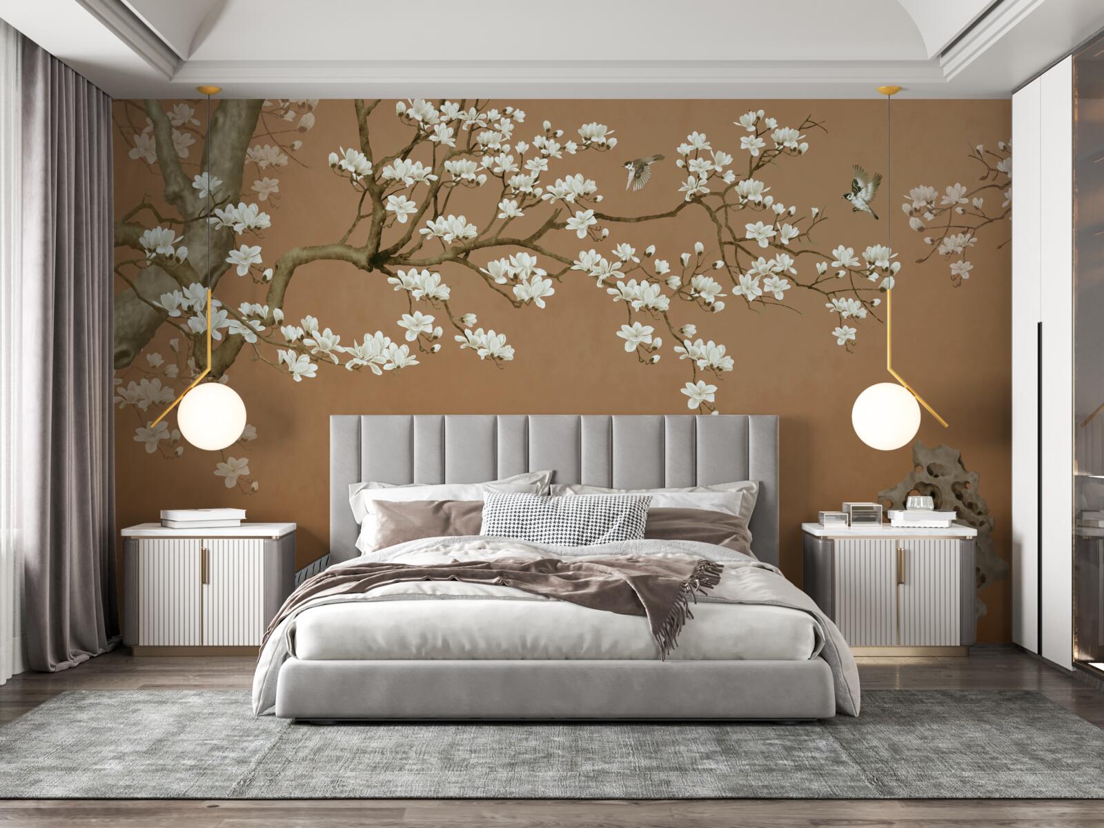 Фотошпалери цвітіння вишні та птахів у білосніжній білизні