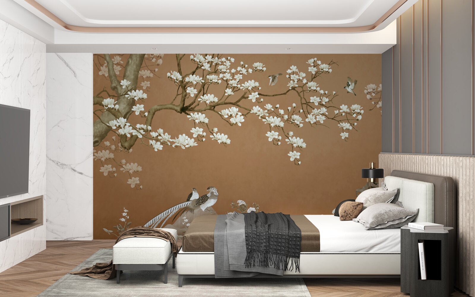 Фотошпалери цвітіння вишні та птахів у білосніжній білизні