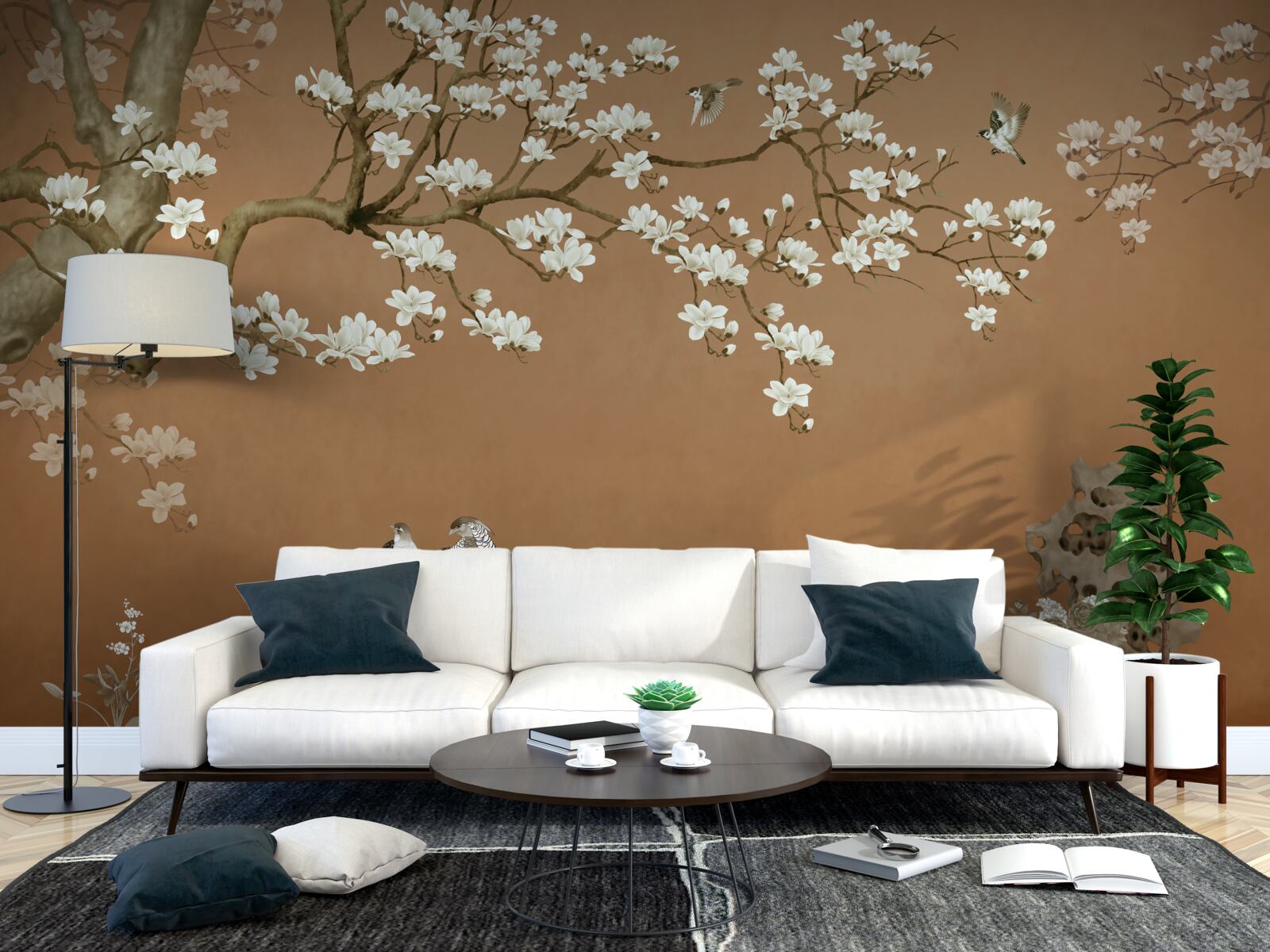 Фотошпалери цвітіння вишні та птахів у білосніжній білизні