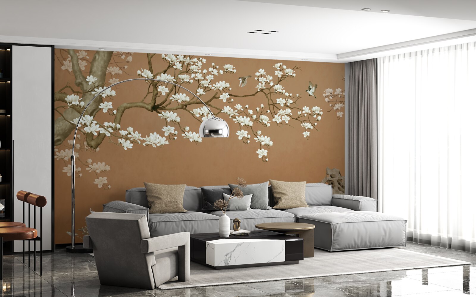 Фотошпалери цвітіння вишні та птахів у білосніжній білизні