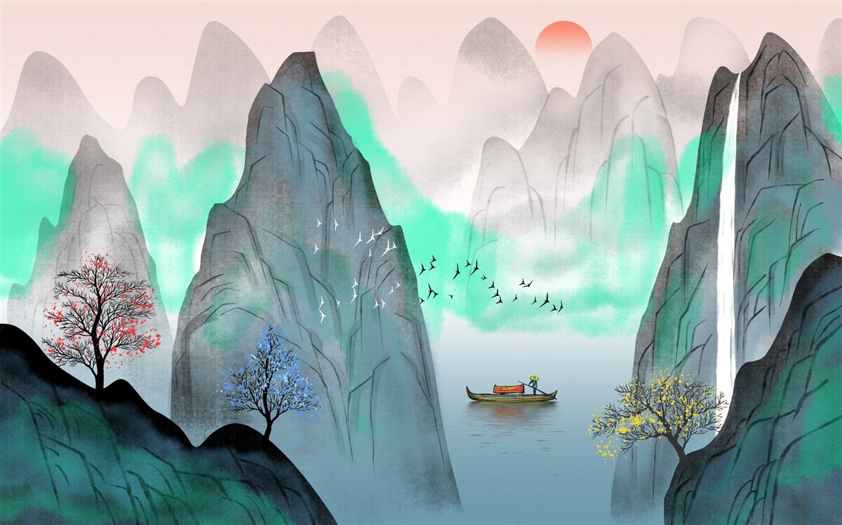 Фотошпалери захід сонця в абстрактних горах