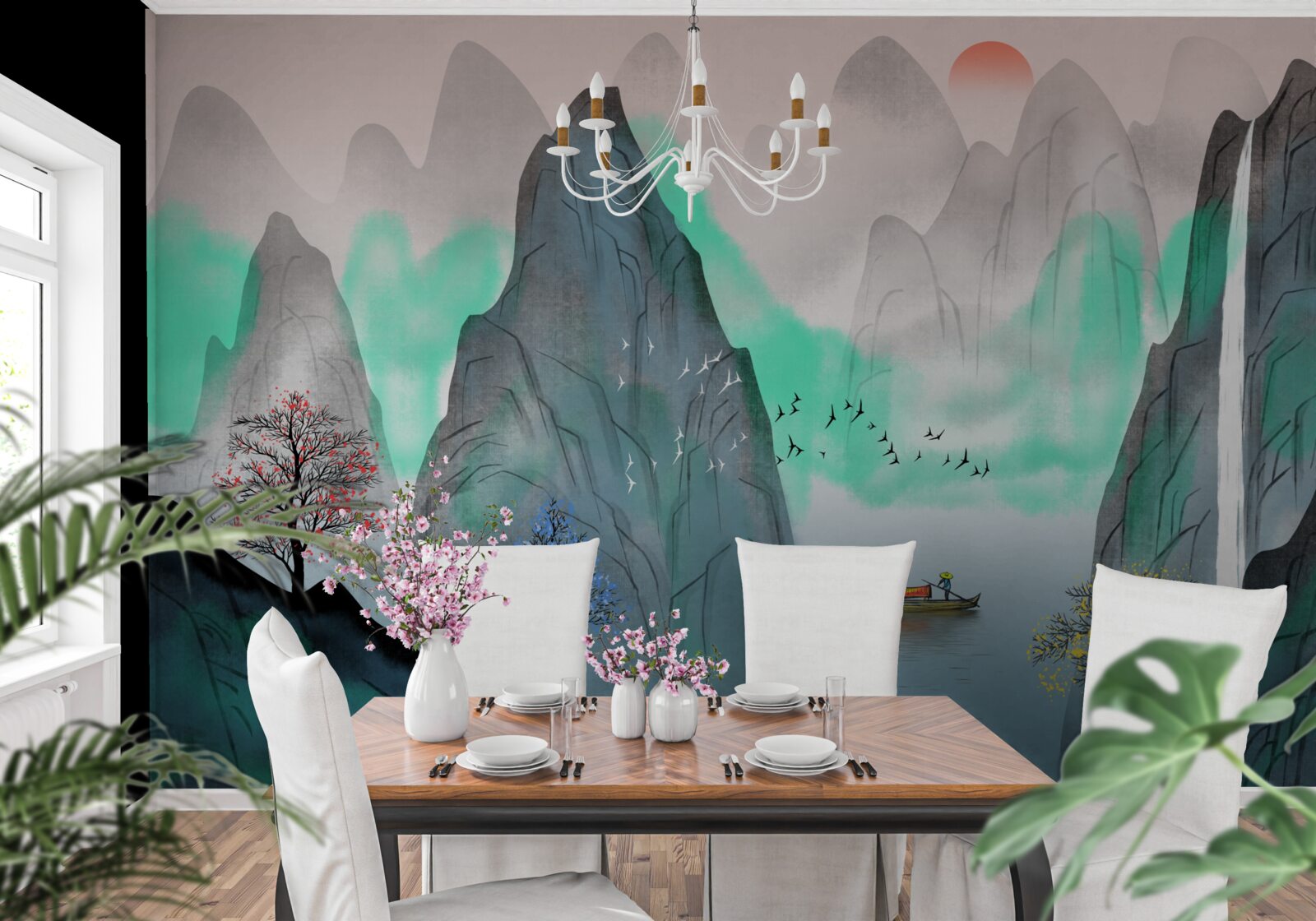 Фотошпалери захід сонця в абстрактних горах