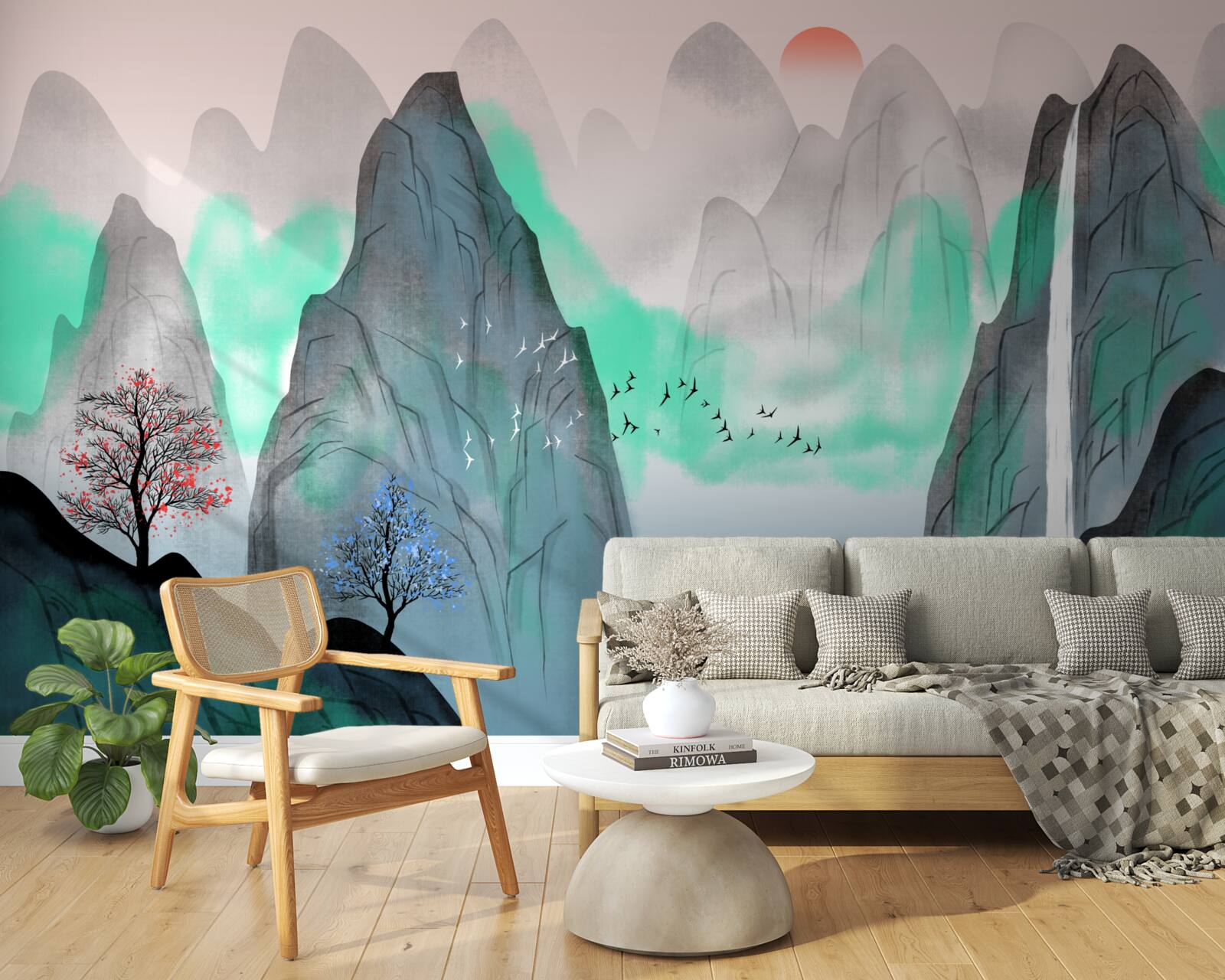 Фотошпалери захід сонця в абстрактних горах