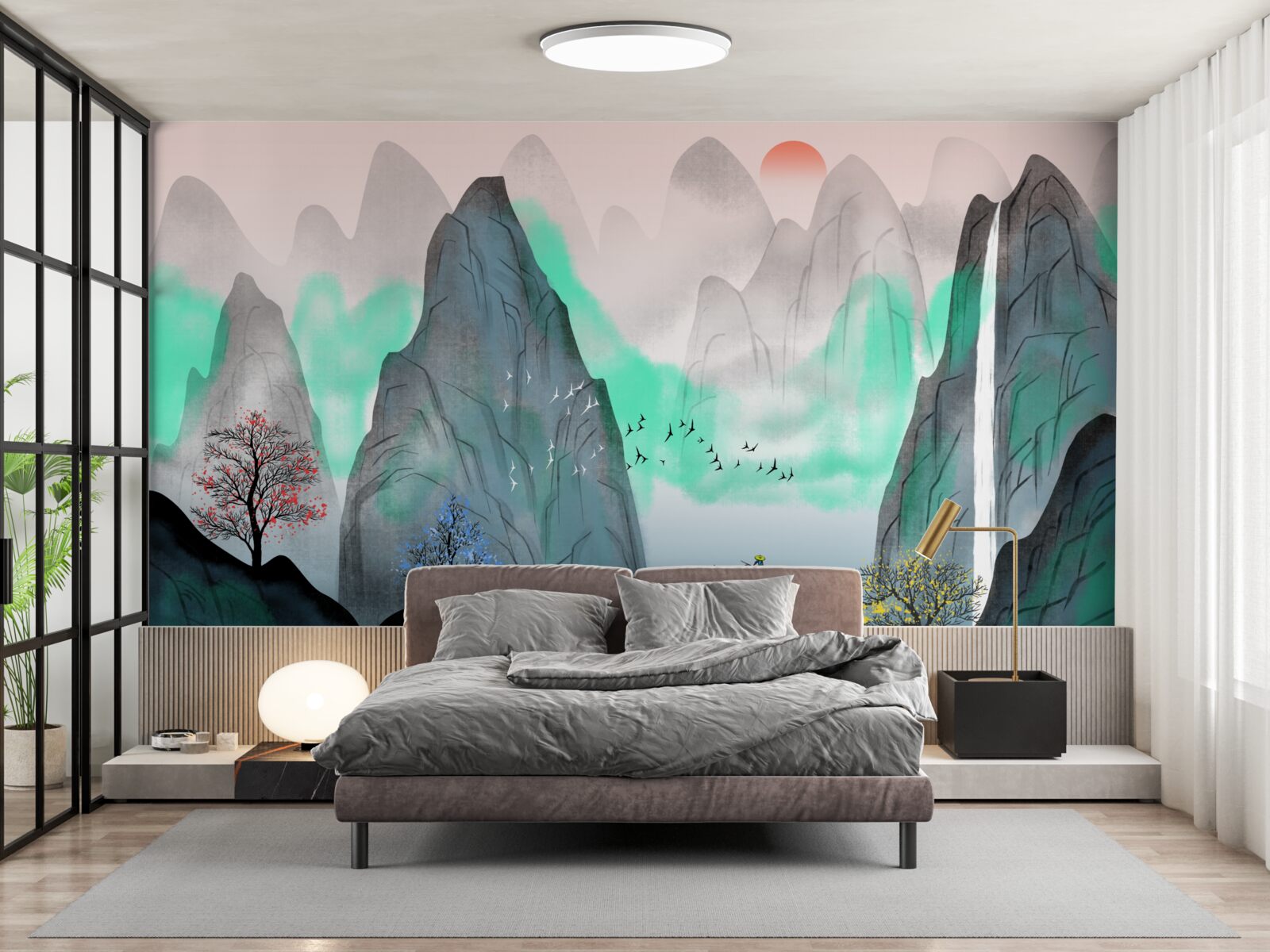 Фотошпалери захід сонця в абстрактних горах