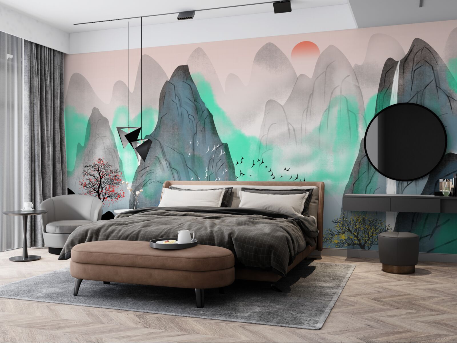 Фотошпалери захід сонця в абстрактних горах