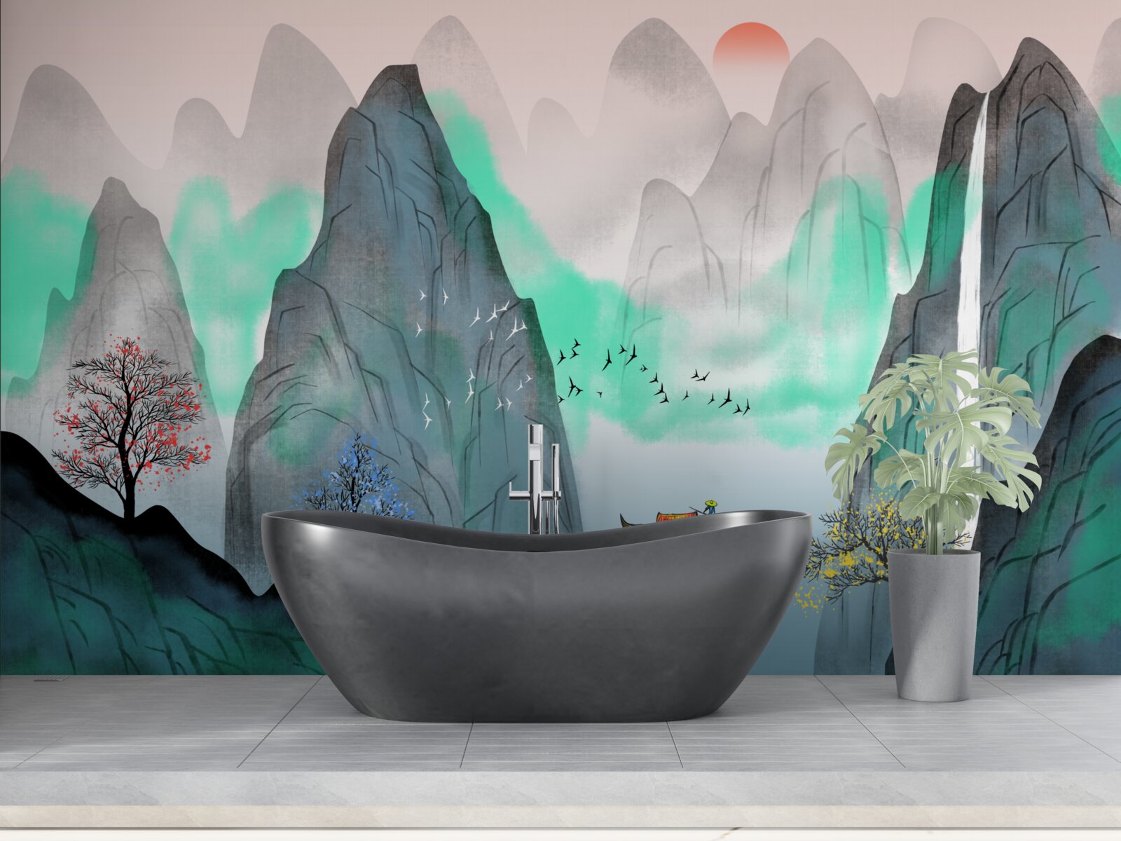 Фотошпалери захід сонця в абстрактних горах