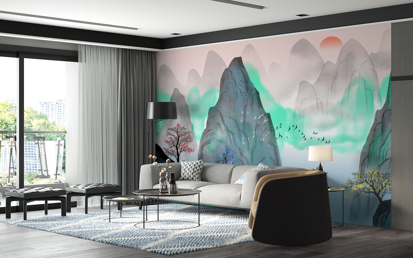 Фотошпалери захід сонця в абстрактних горах