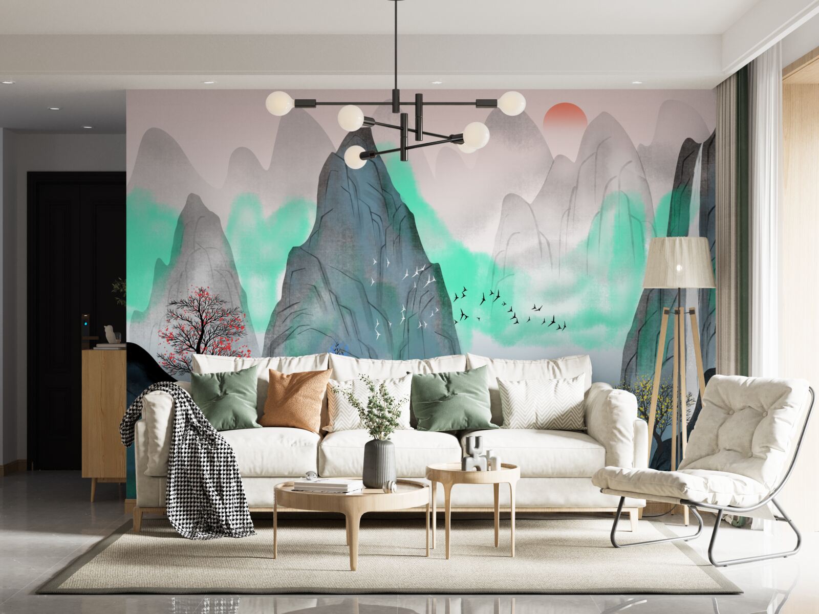 Фотошпалери захід сонця в абстрактних горах