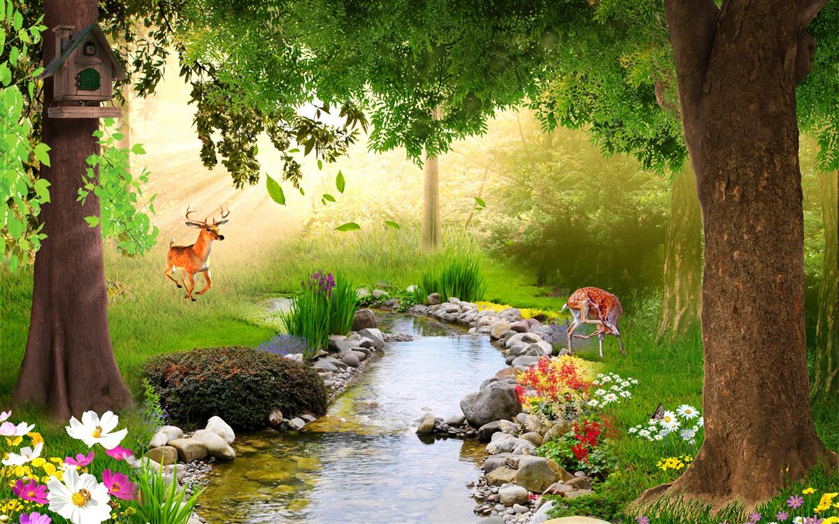 Фотошпалери олені стоять біля лісової річки