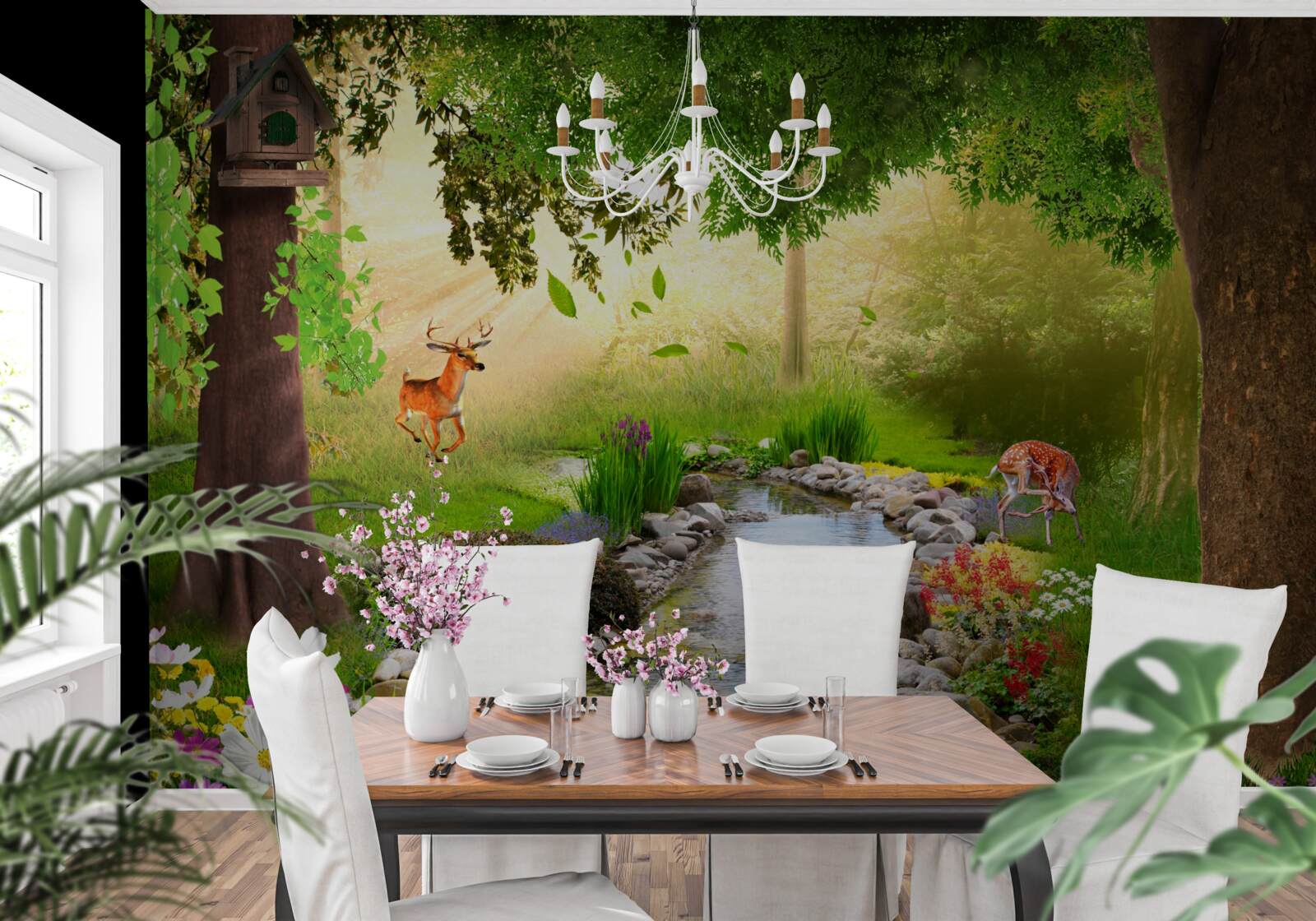 Фотошпалери олені стоять біля лісової річки