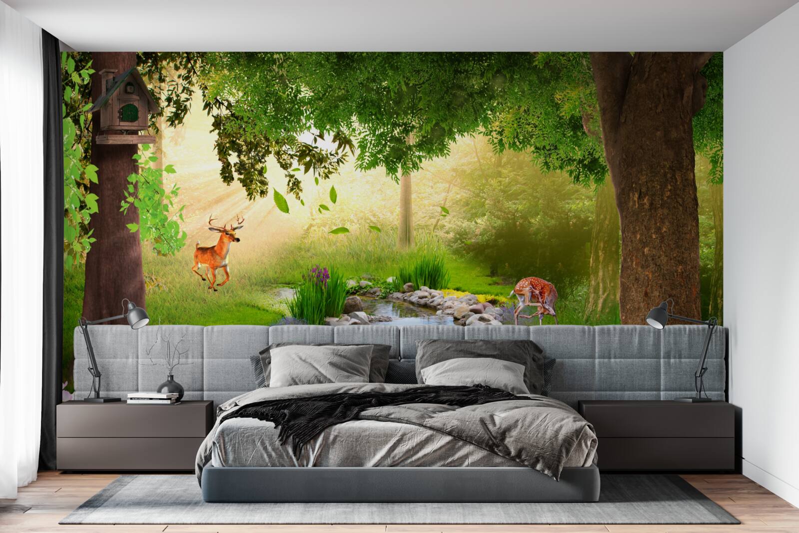 Фотошпалери олені стоять біля лісової річки