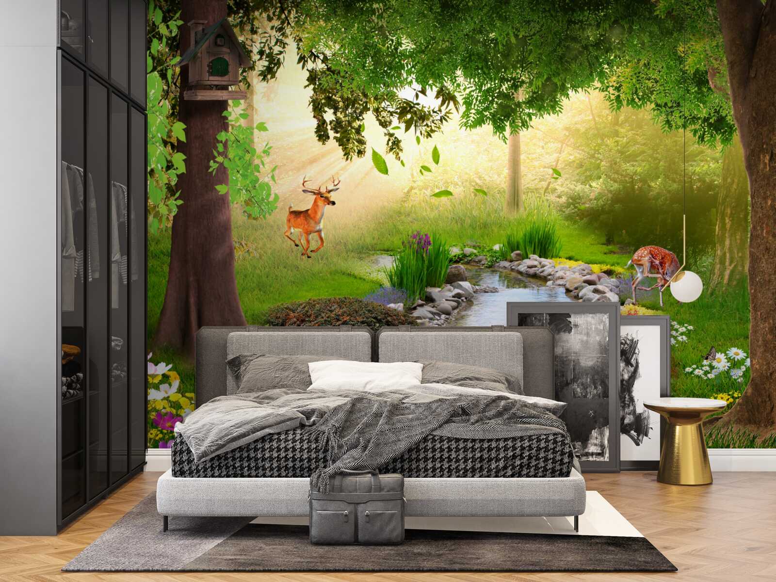 Фотошпалери олені стоять біля лісової річки