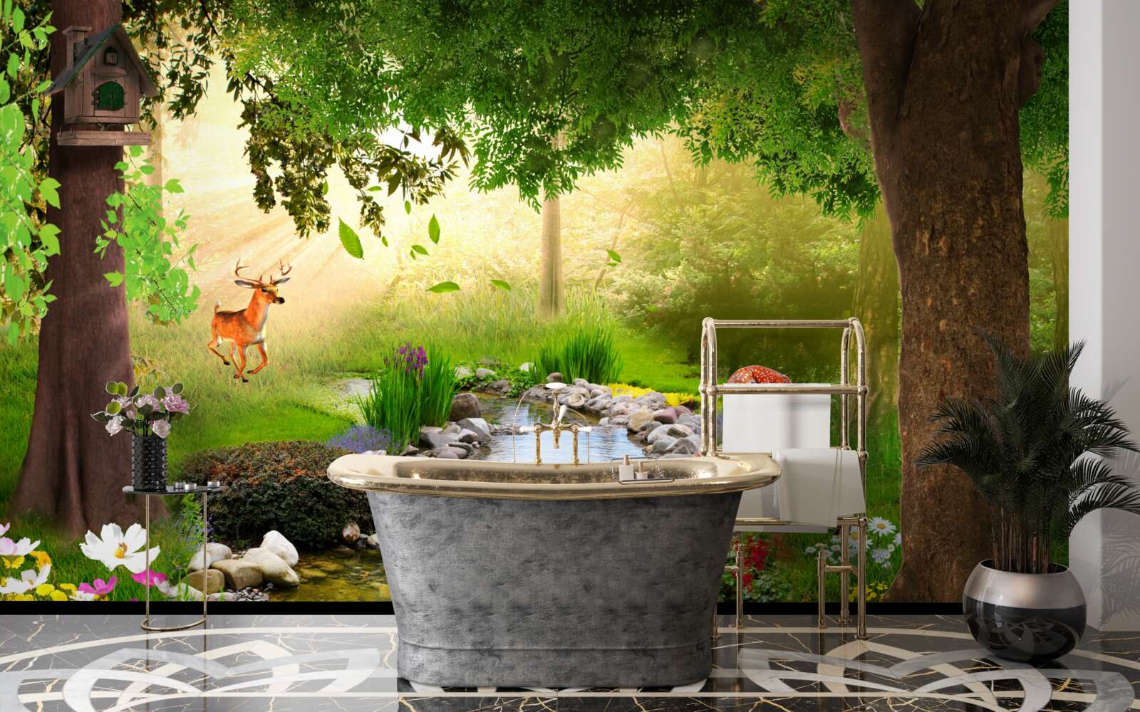 Фотошпалери олені стоять біля лісової річки