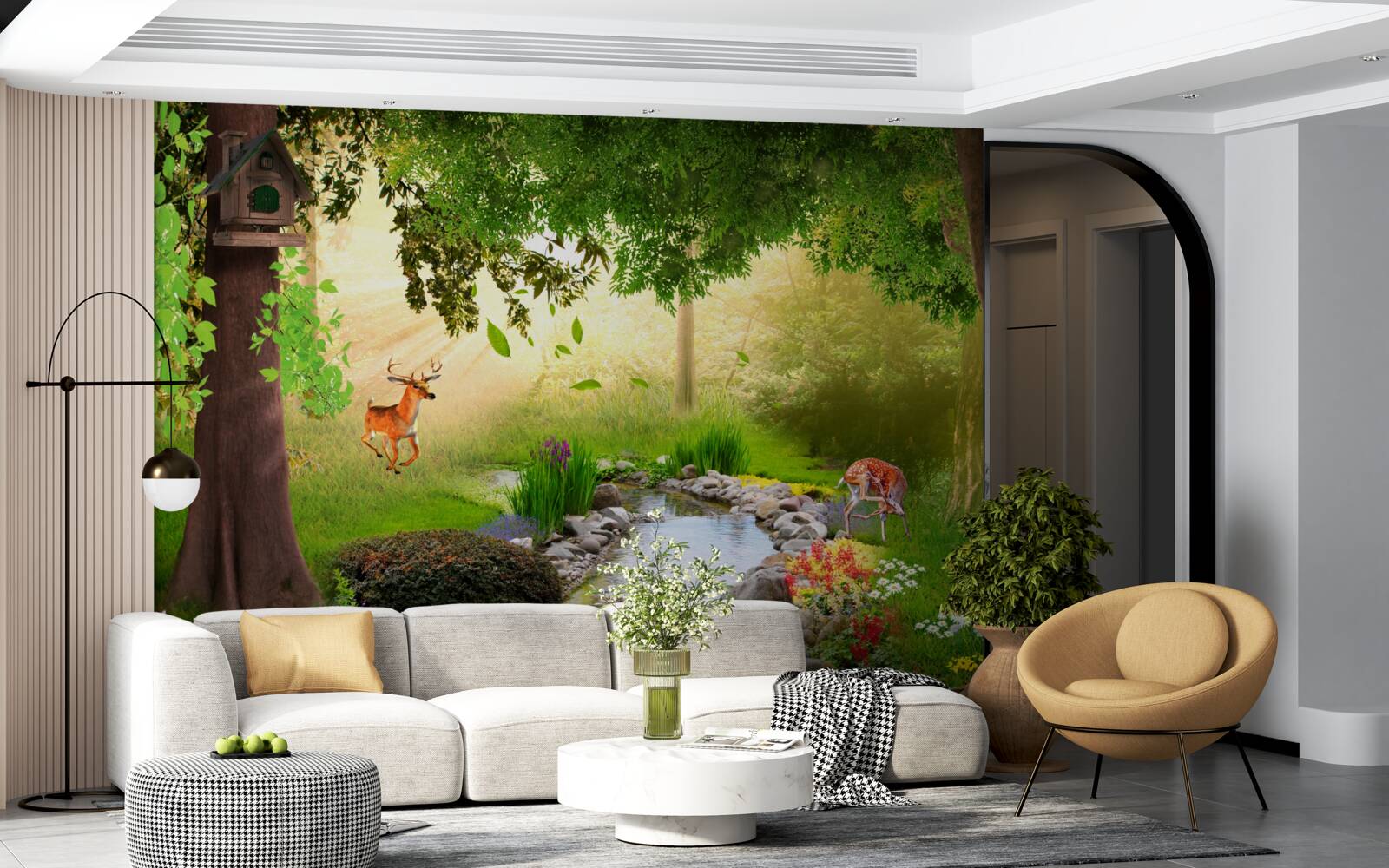 Фотошпалери олені стоять біля лісової річки