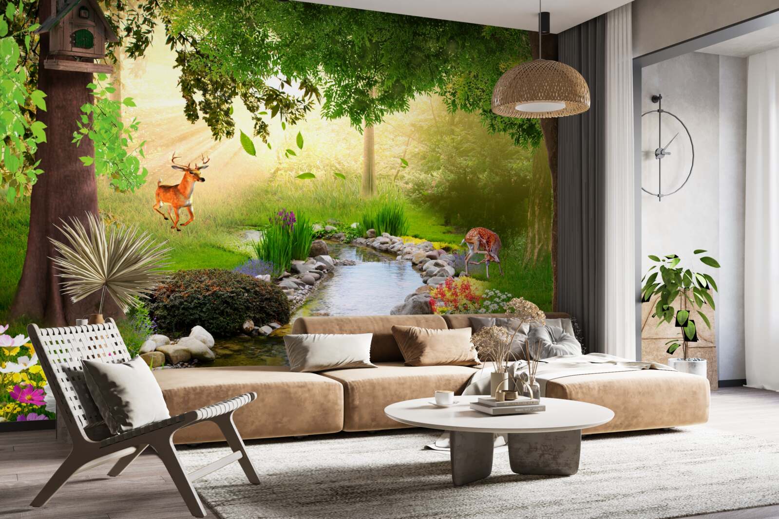 Фотошпалери олені стоять біля лісової річки