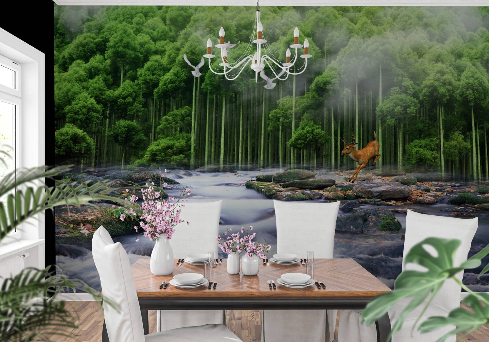 Фотошпалери лісова природа та каскадні водоспади