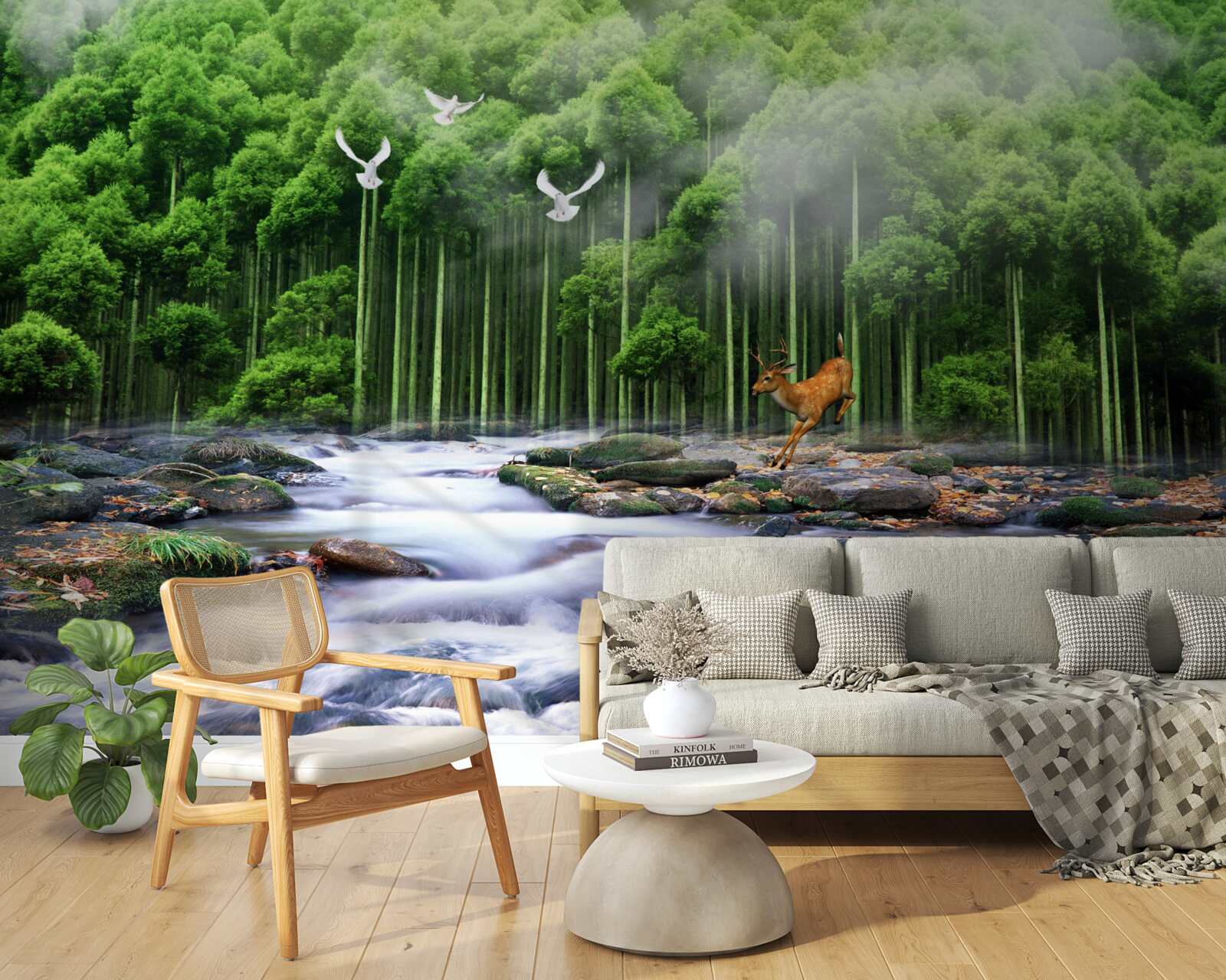 Фотошпалери лісова природа та каскадні водоспади