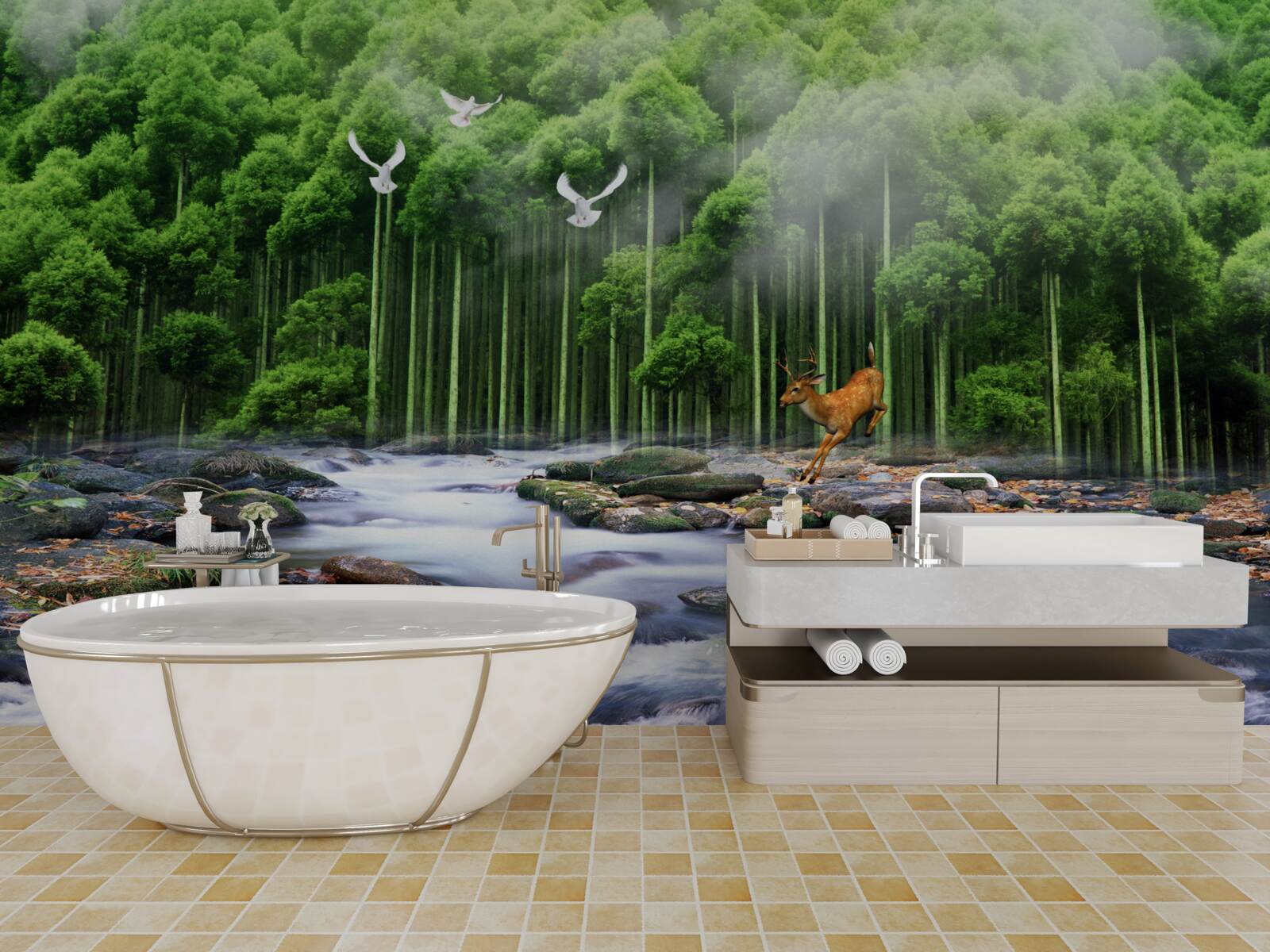 Фотошпалери лісова природа та каскадні водоспади