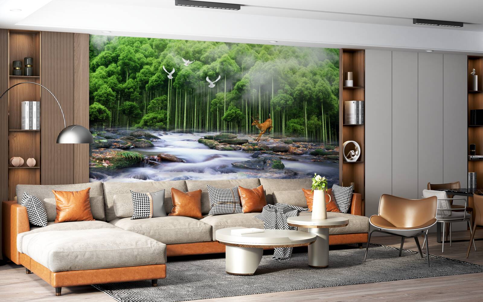 Фотошпалери лісова природа та каскадні водоспади