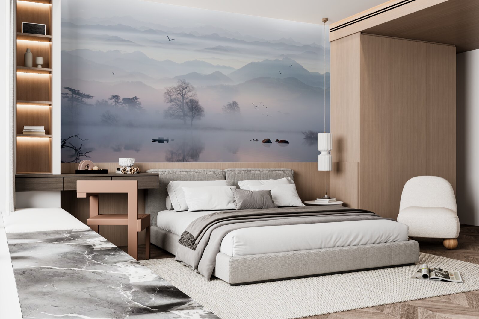 Фотошпалери ранковий туман над озерною водою