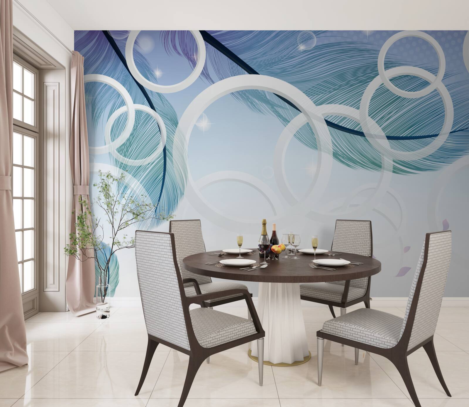 Фотошпалери великі білі колеса та пір'я