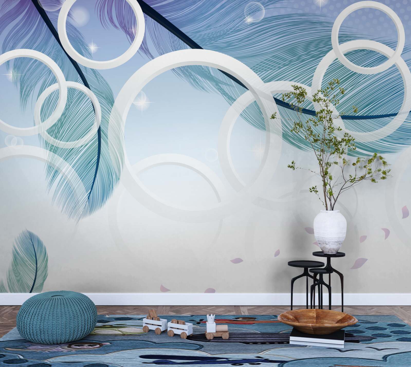 Фотошпалери великі білі колеса та пір'я