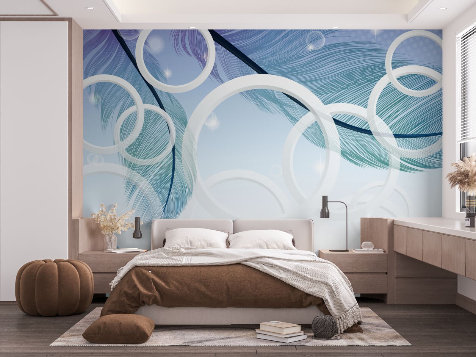 Фотошпалери великі білі колеса та пір'я