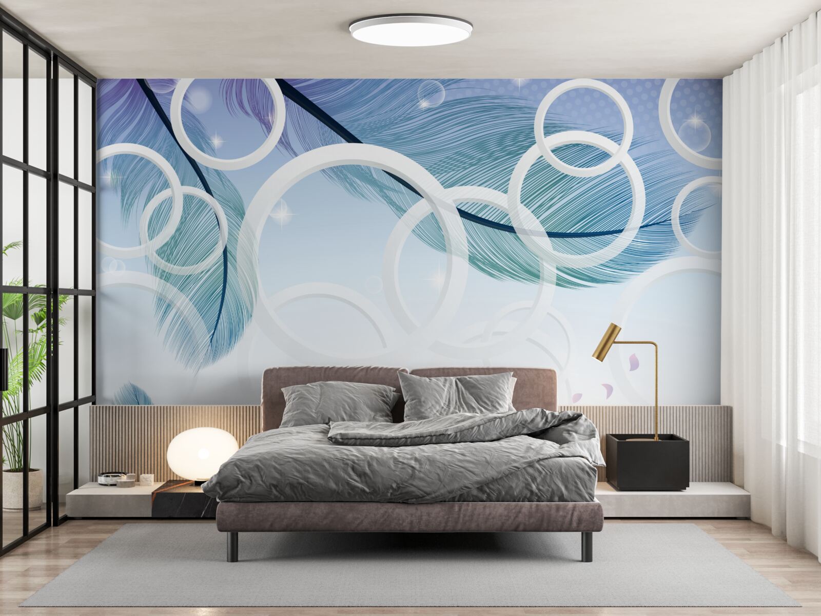 Фотошпалери великі білі колеса та пір'я