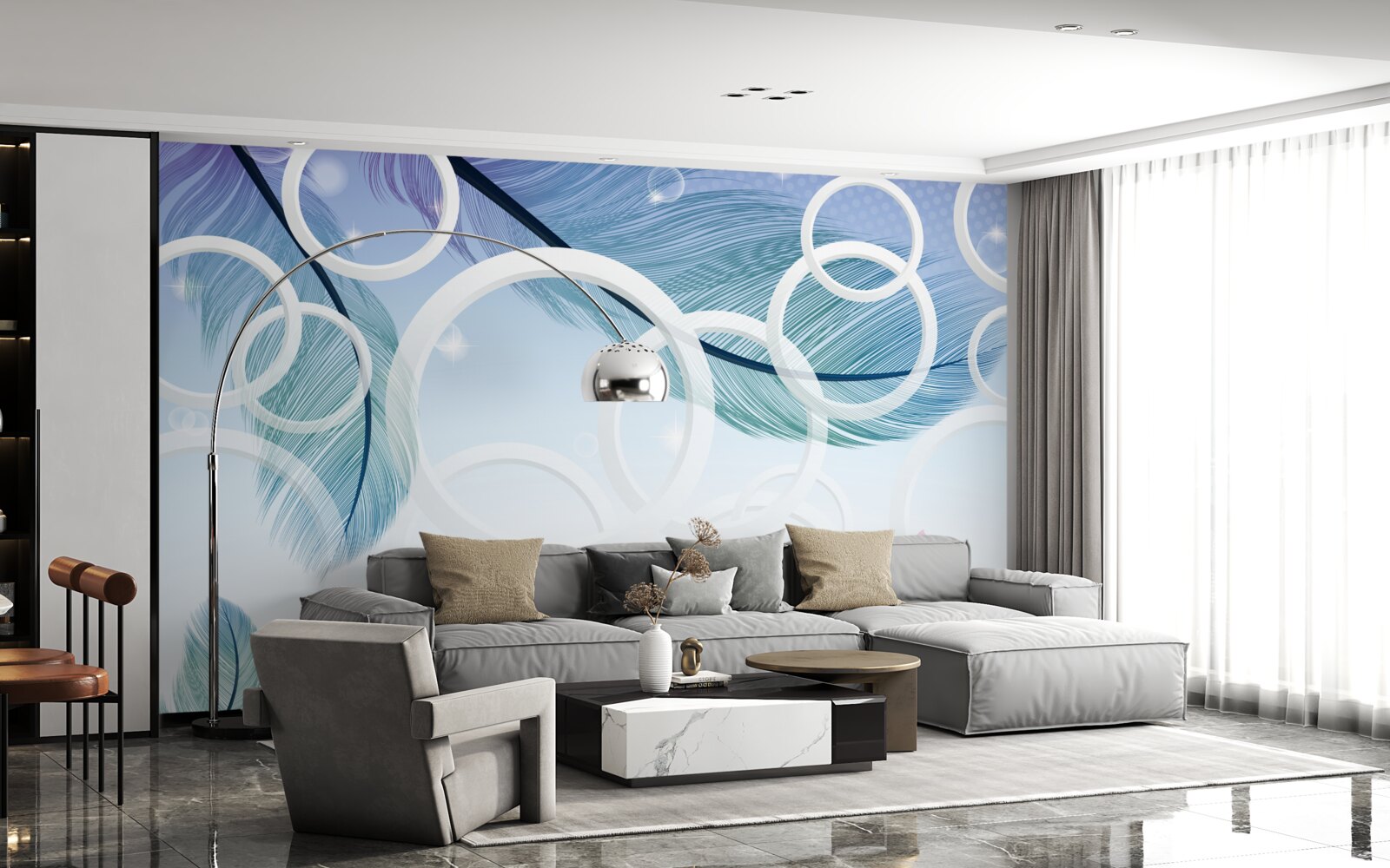 Фотошпалери великі білі колеса та пір'я