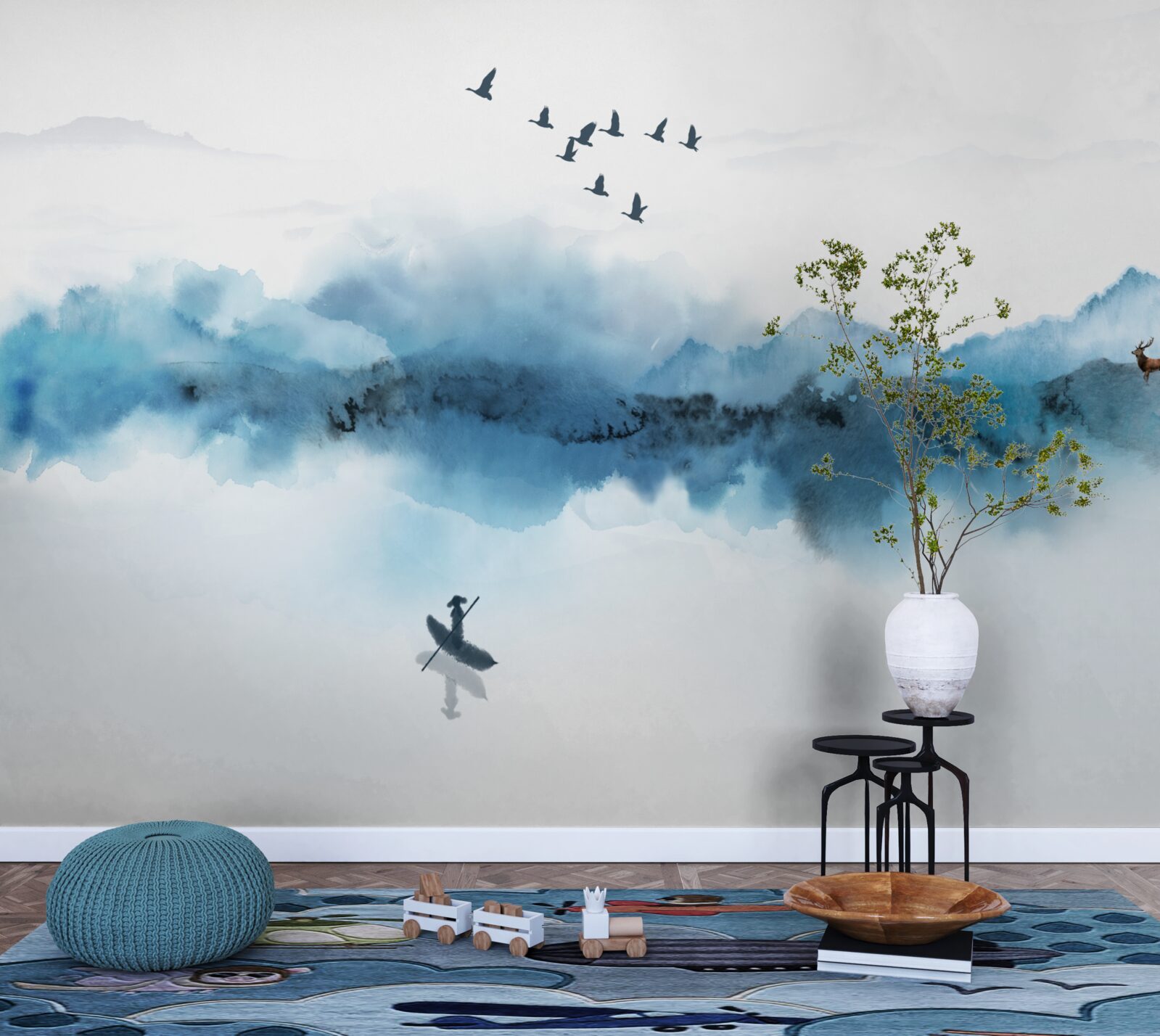 Фотошпалери рибалка, оповитий ранковим туманом