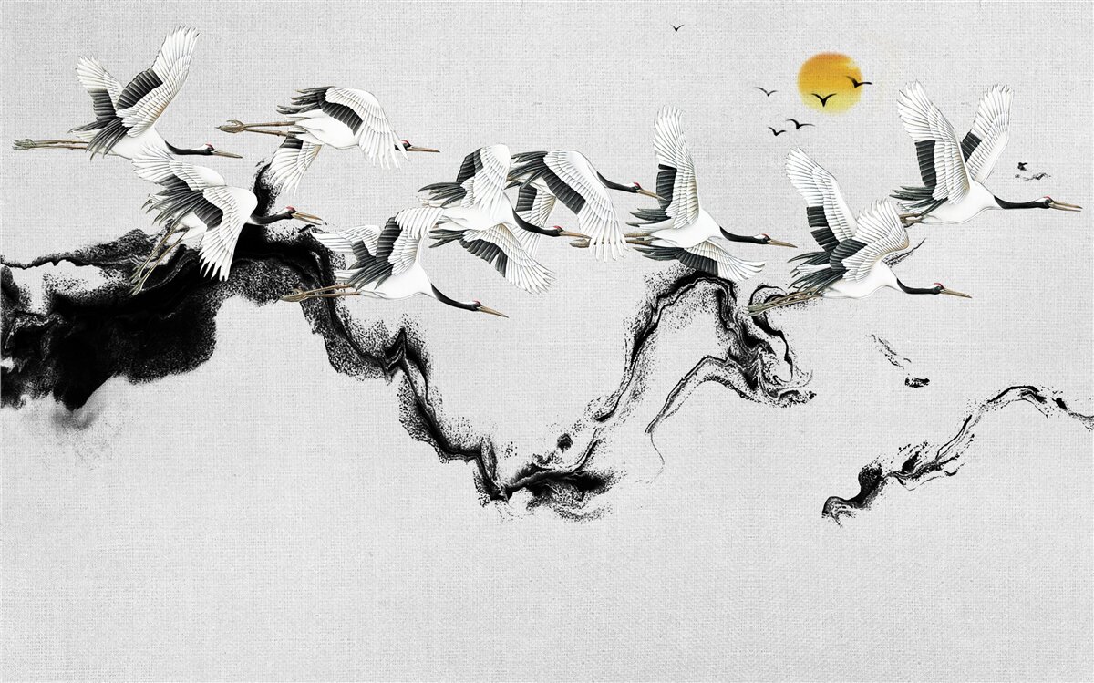 Фотошпалери група японських журавлів, що летять на захід сонця