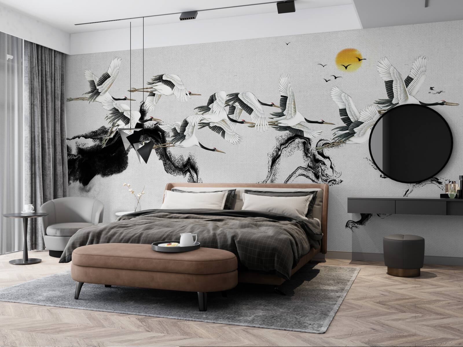 Фотошпалери група японських журавлів, що летять на захід сонця