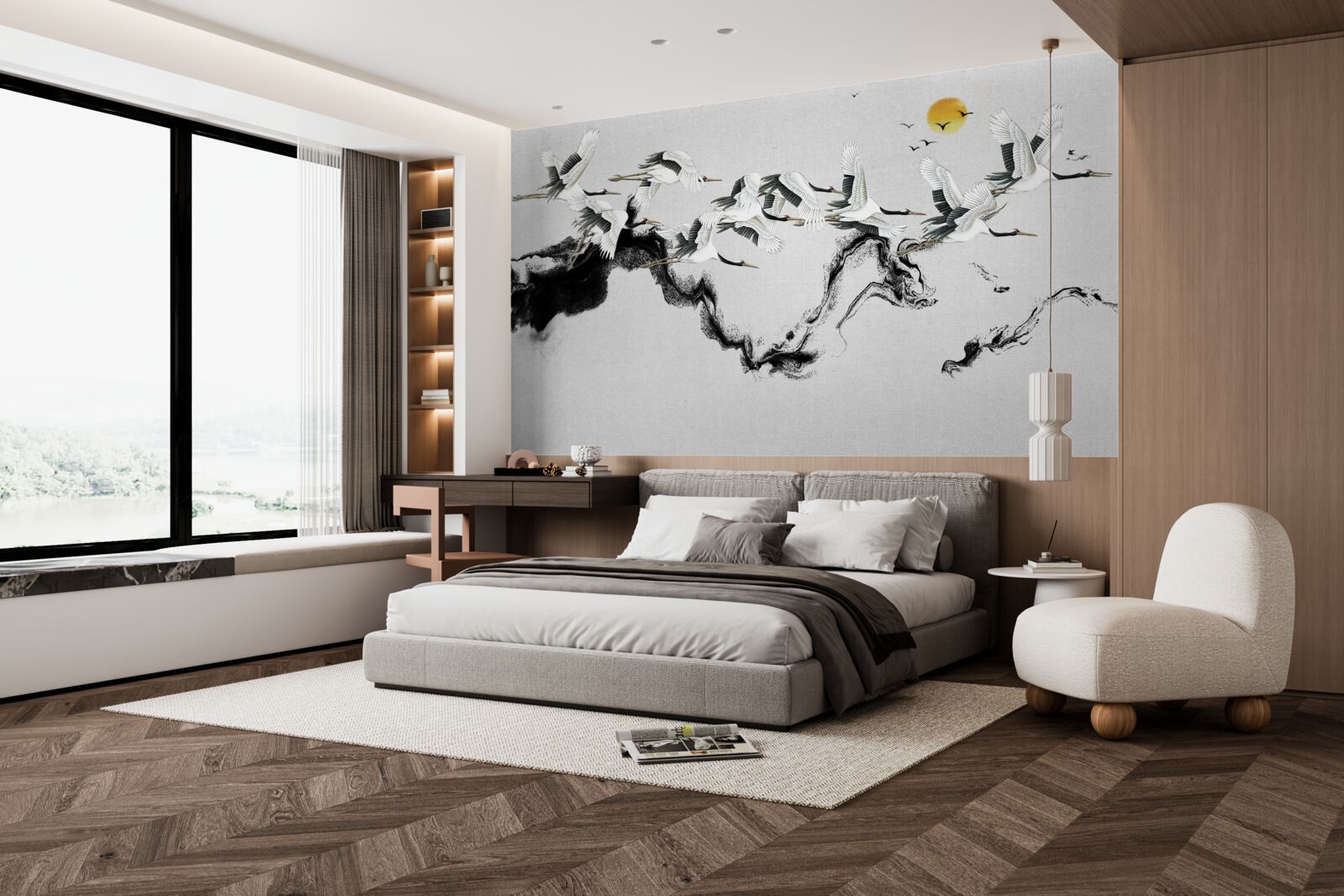 Фотошпалери група японських журавлів, що летять на захід сонця