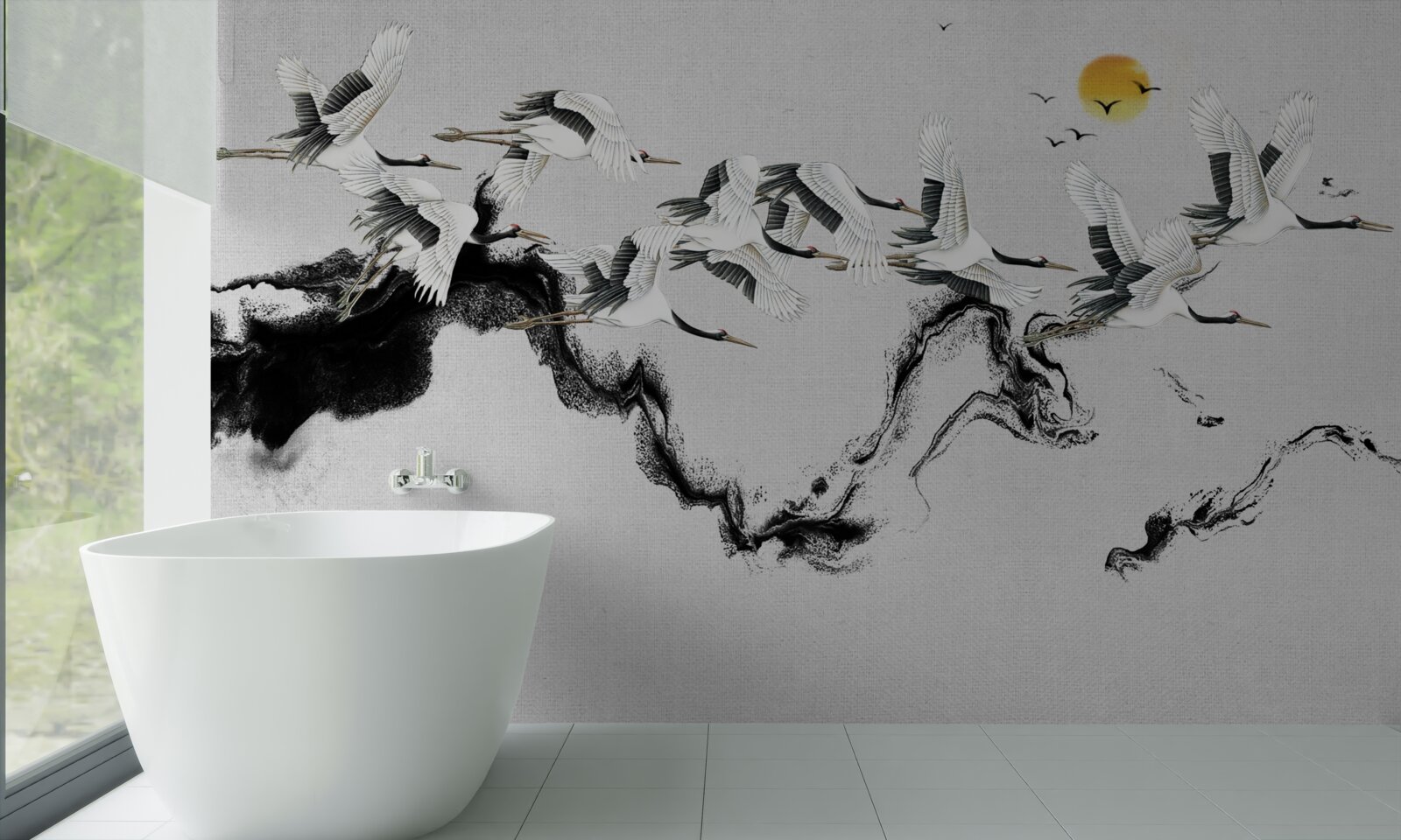 Фотошпалери група японських журавлів, що летять на захід сонця