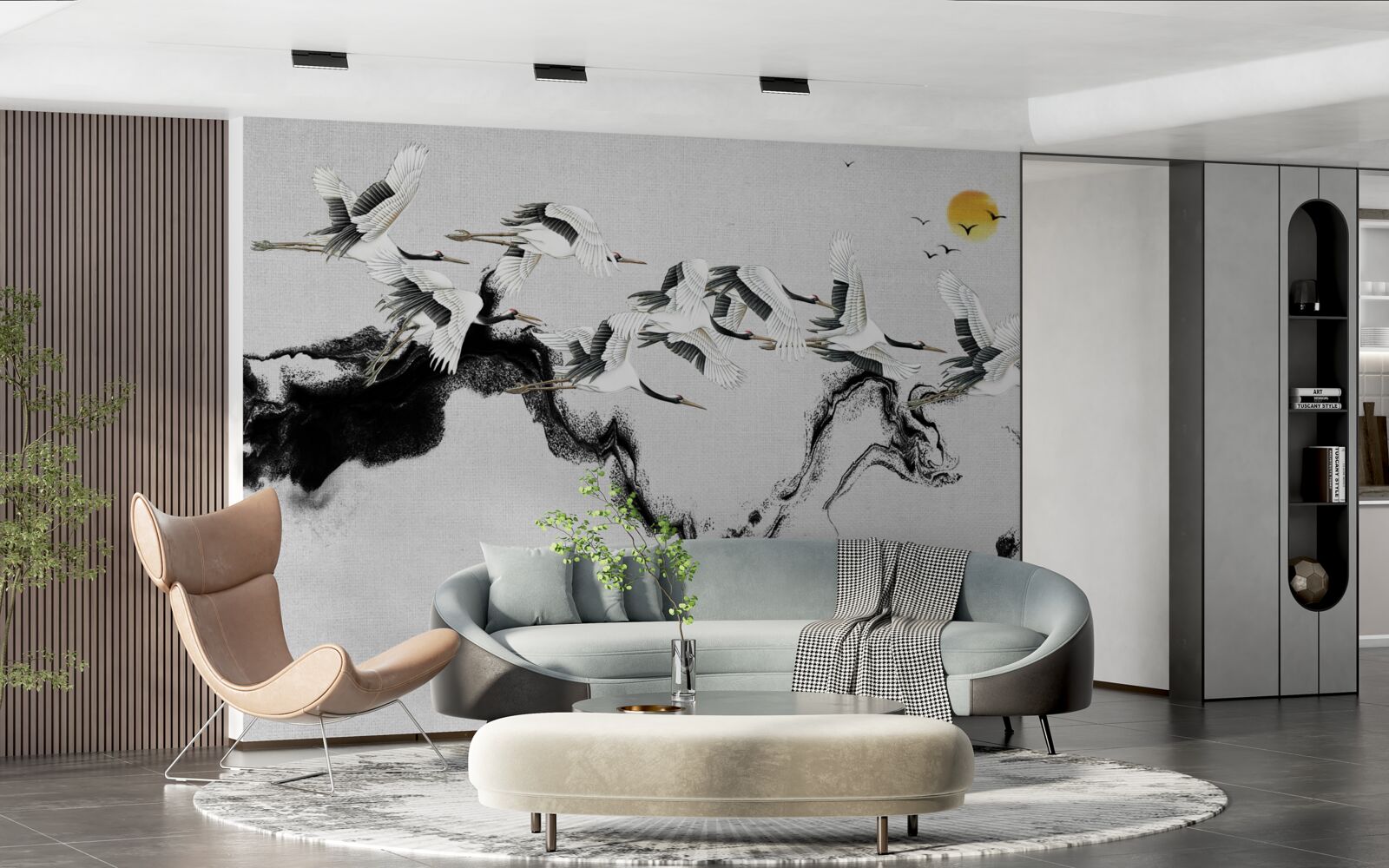 Фотошпалери група японських журавлів, що летять на захід сонця