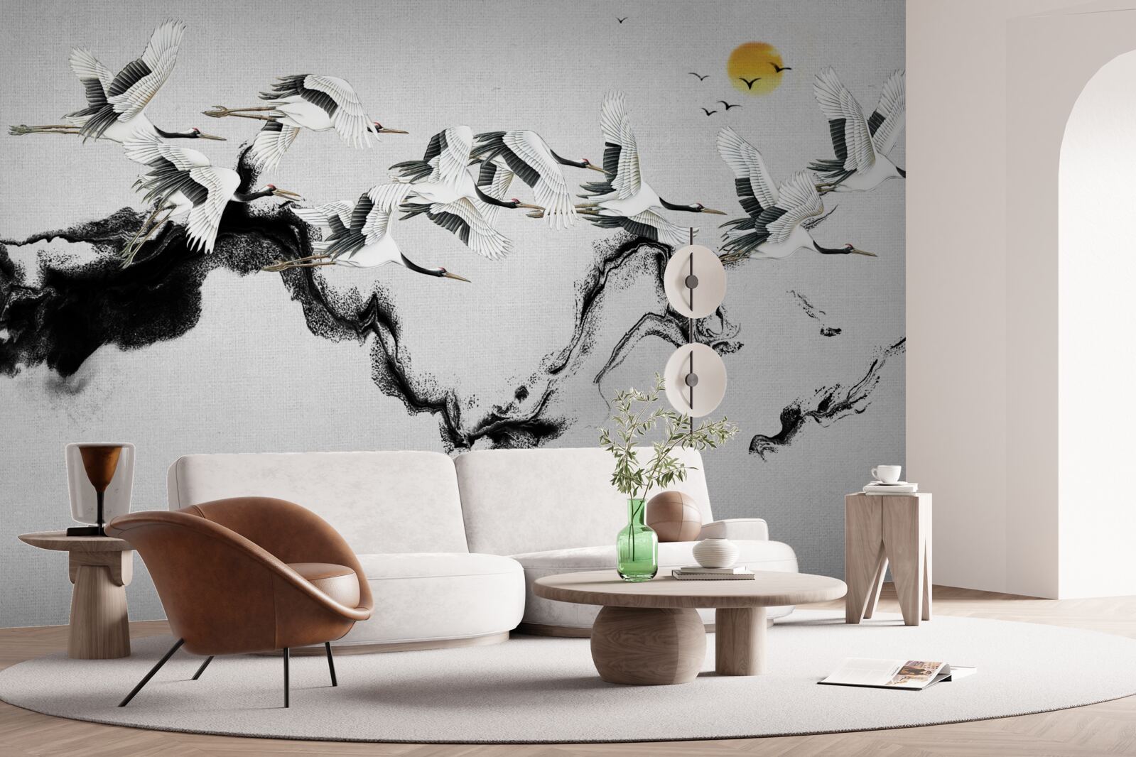 Фотошпалери група японських журавлів, що летять на захід сонця