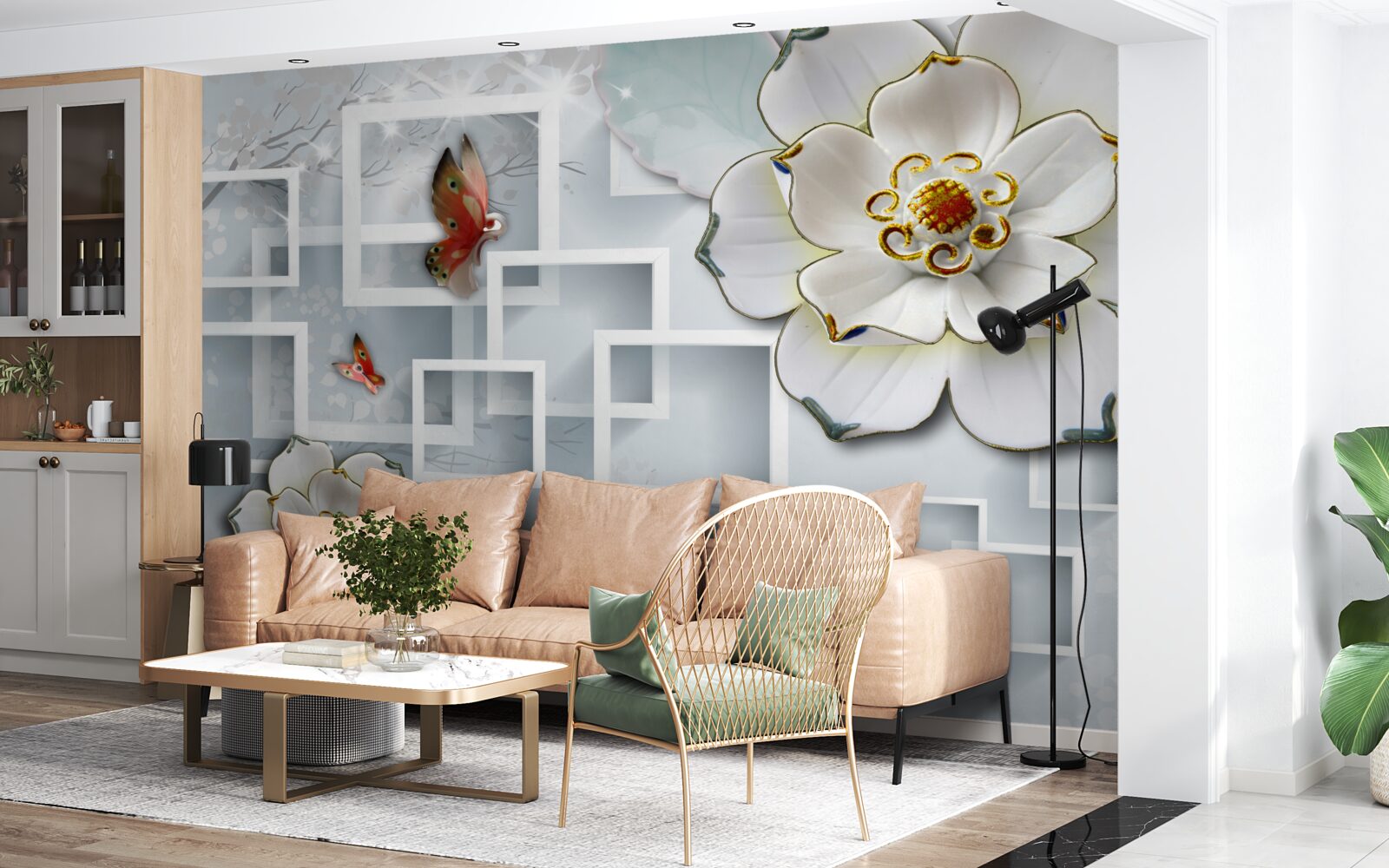 Фотошпалери геометричні фігури та білі лотоси