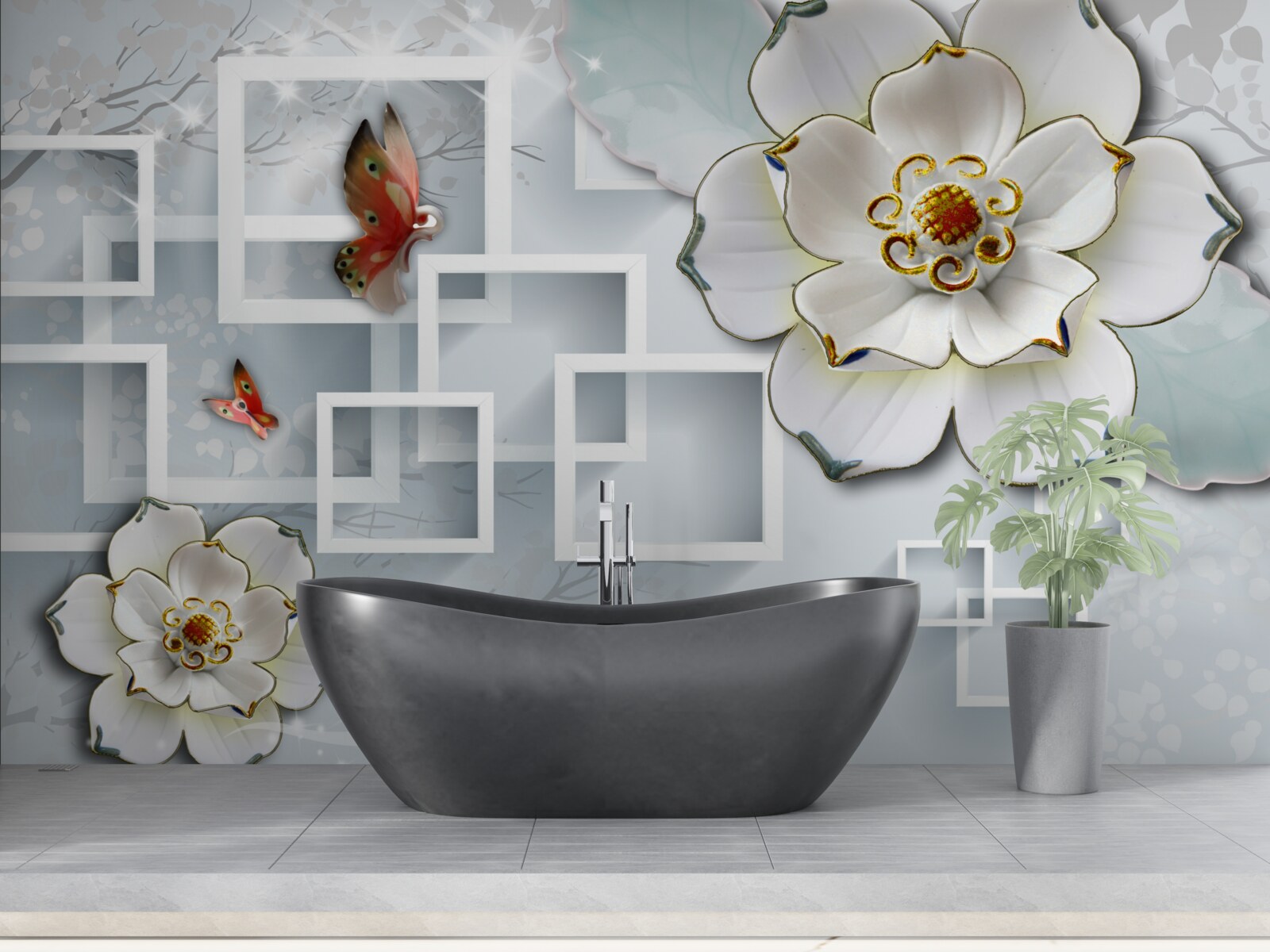 Фотошпалери геометричні фігури та білі лотоси