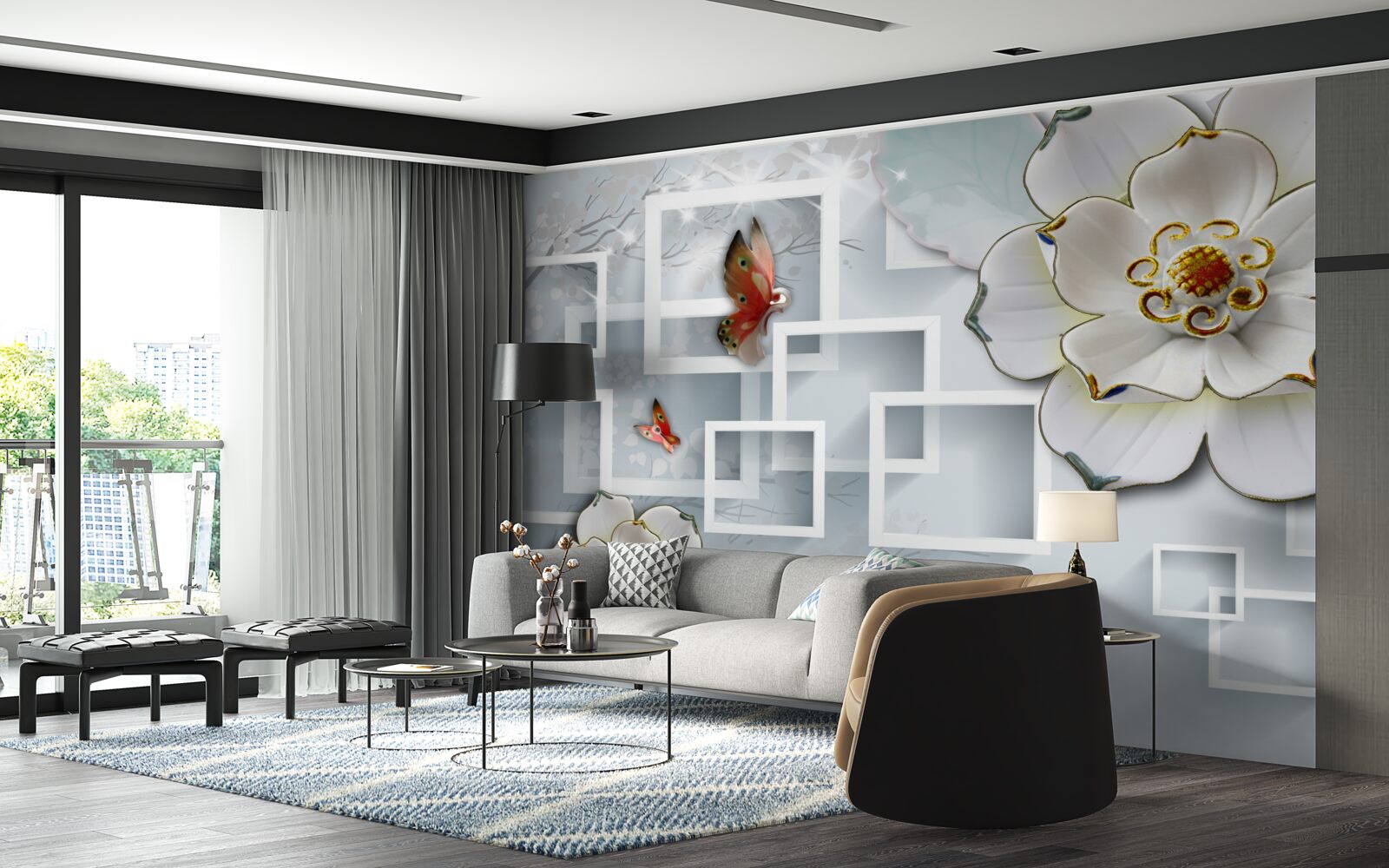 Фотошпалери геометричні фігури та білі лотоси