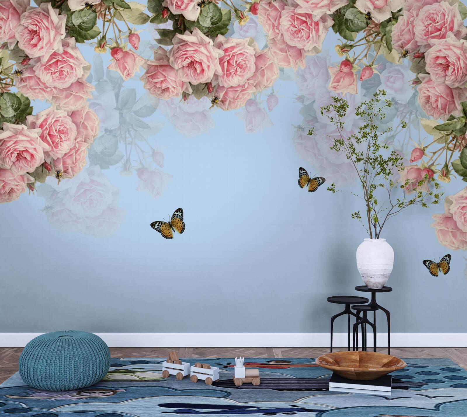 Фотошпалери рожеві троянди на блакитному тлі