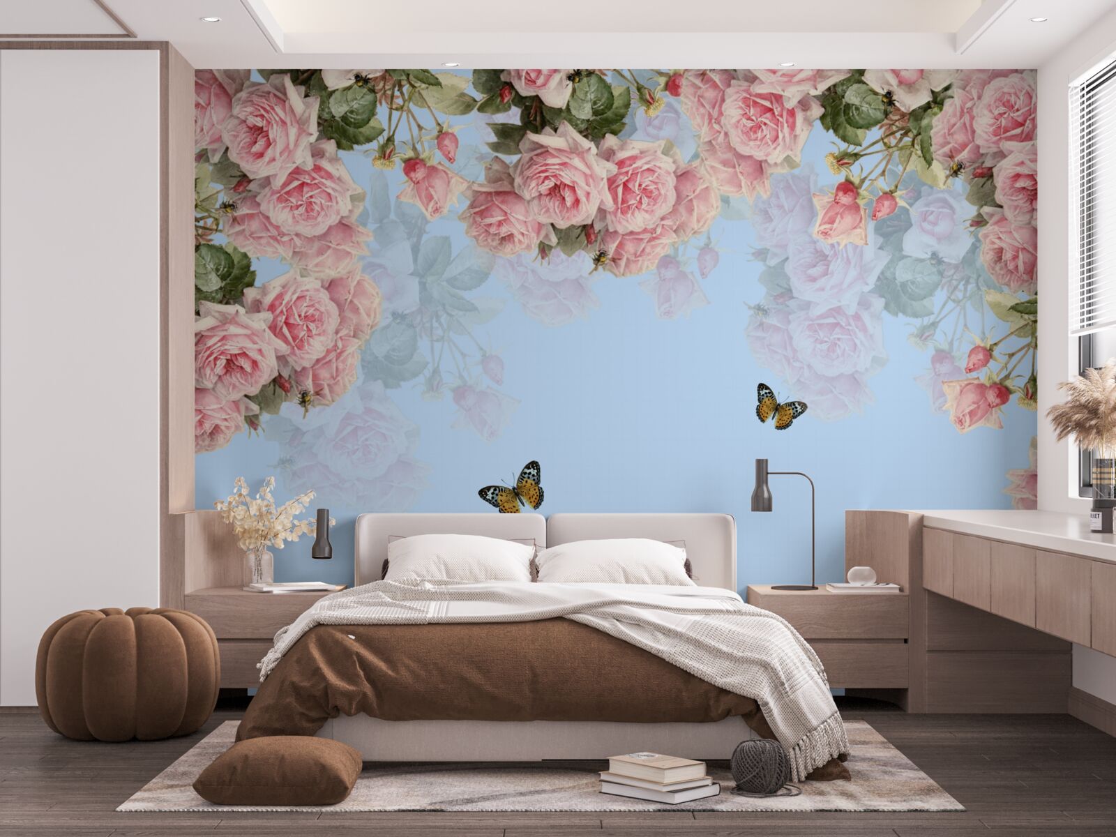 Фотошпалери рожеві троянди на блакитному тлі