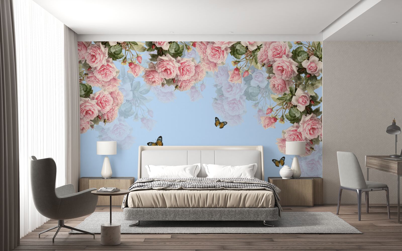 Фотошпалери рожеві троянди на блакитному тлі