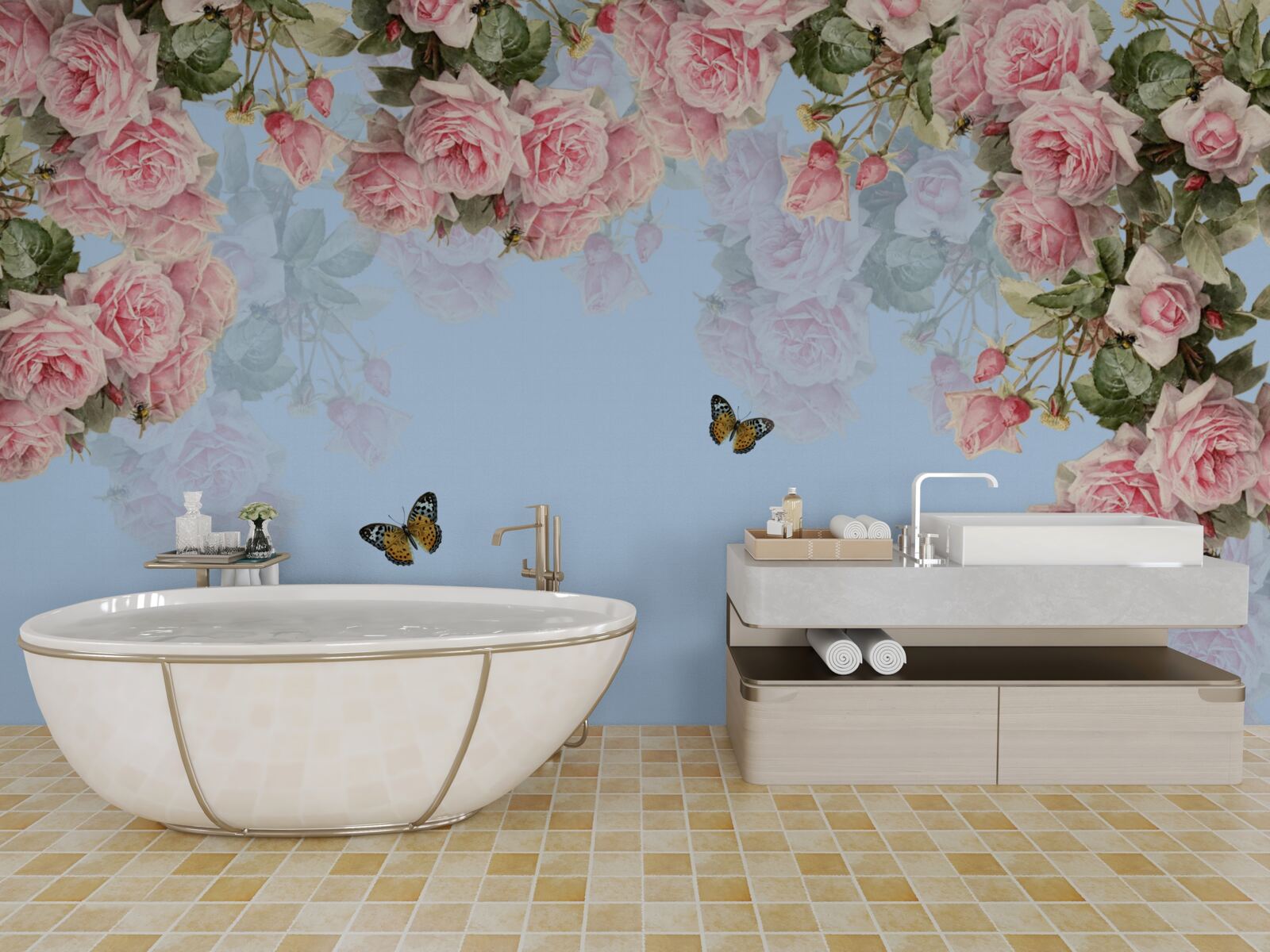 Фотошпалери рожеві троянди на блакитному тлі