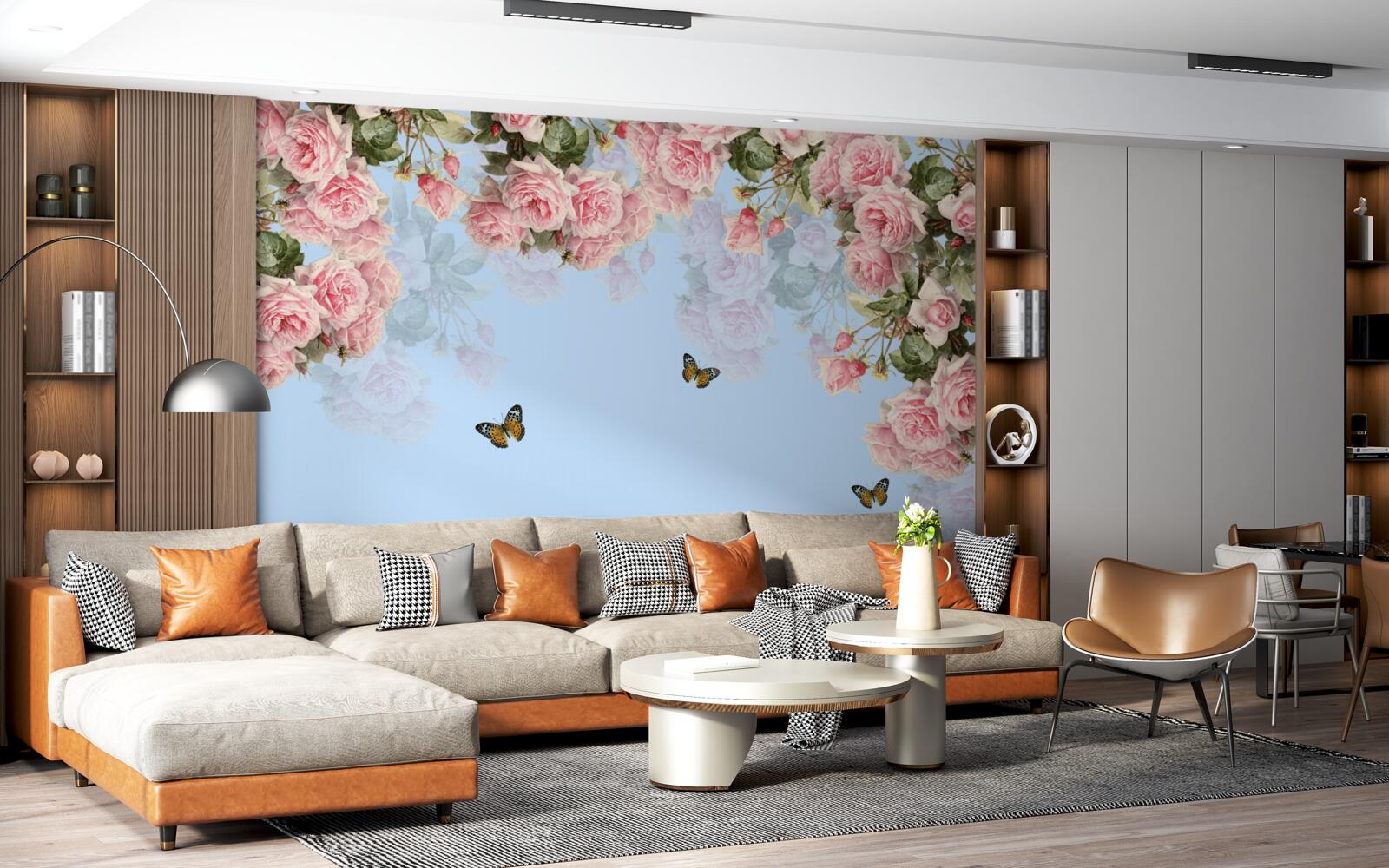 Фотошпалери рожеві троянди на блакитному тлі